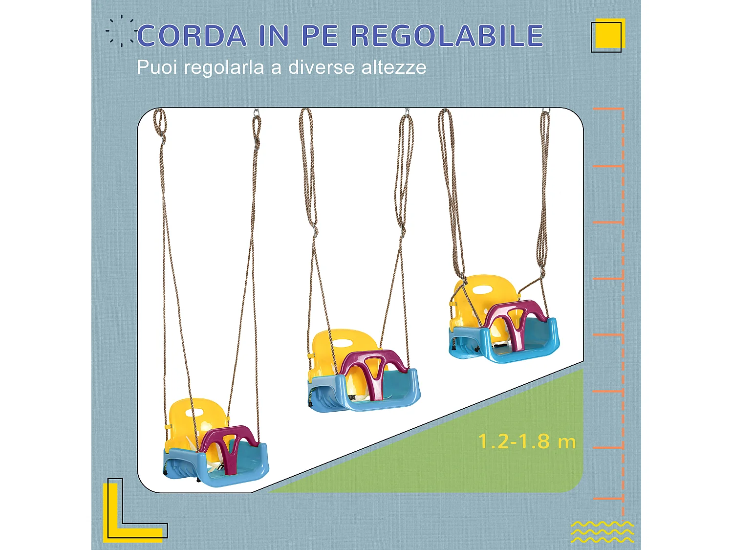 Altalena per bambini 3 in 1 con cintura e corda regolabile blu
