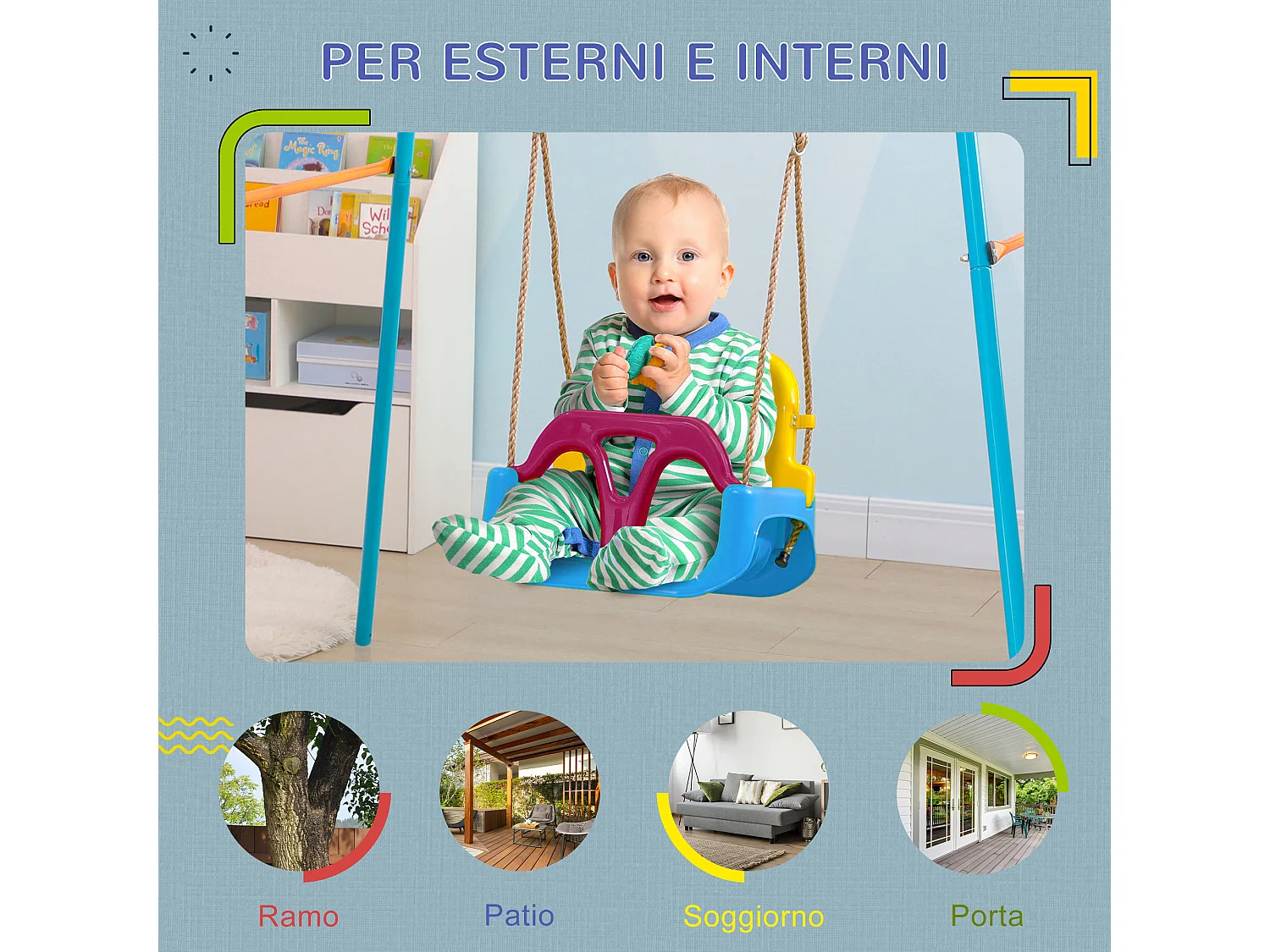 Altalena per bambini 3 in 1 con cintura e corda regolabile blu