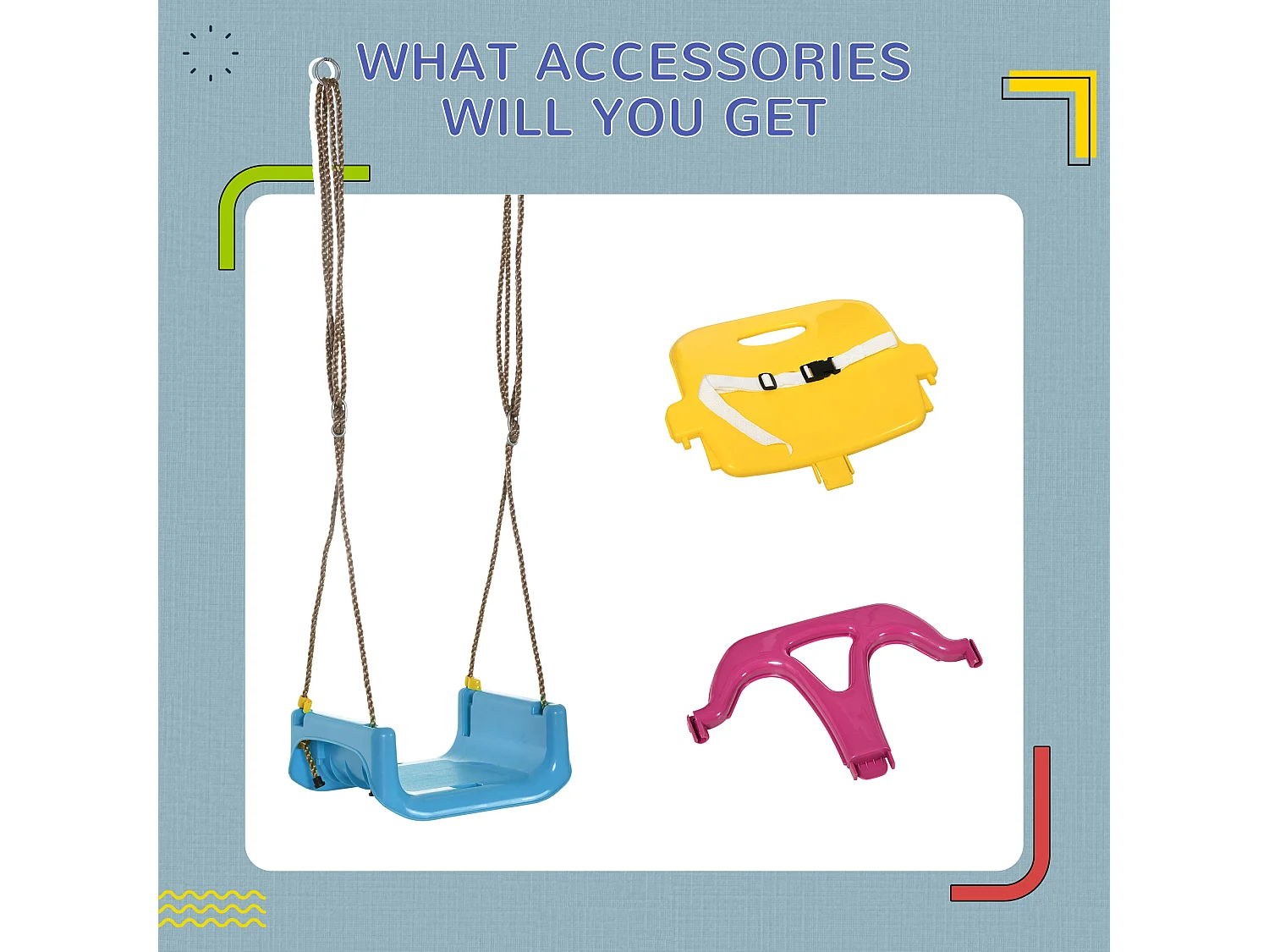 Altalena per bambini 3 in 1 con cintura e corda regolabile blu