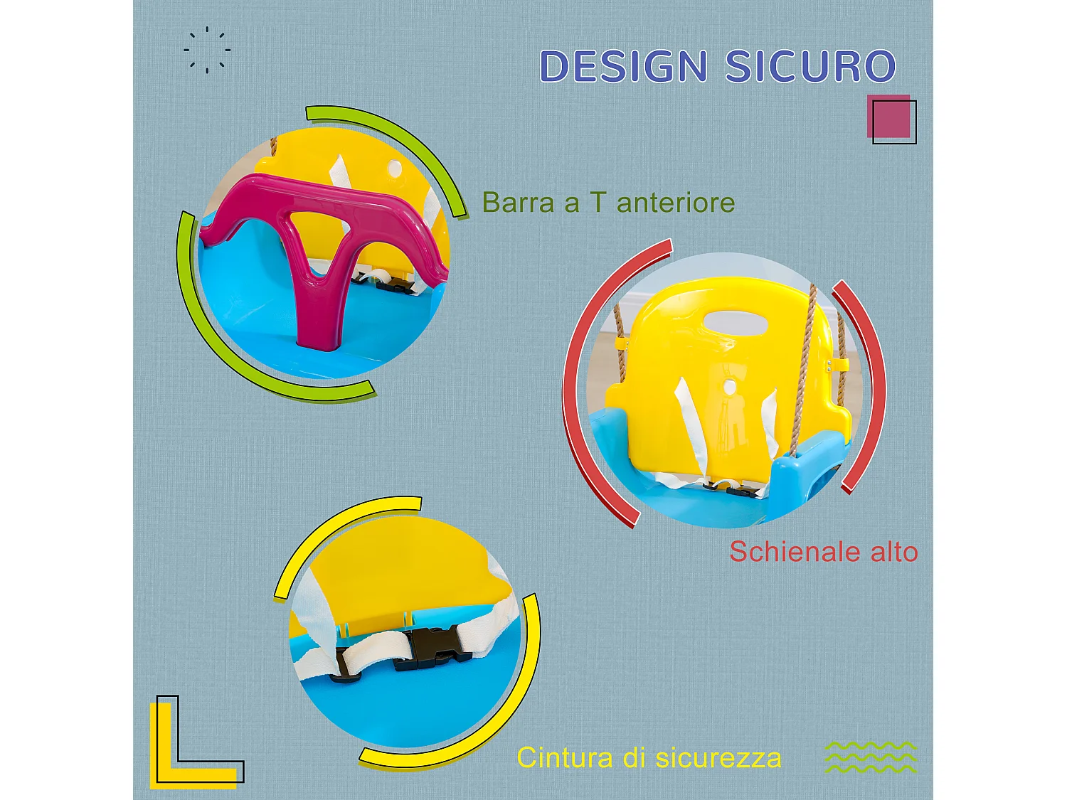 Altalena per bambini 3 in 1 con cintura e corda regolabile blu