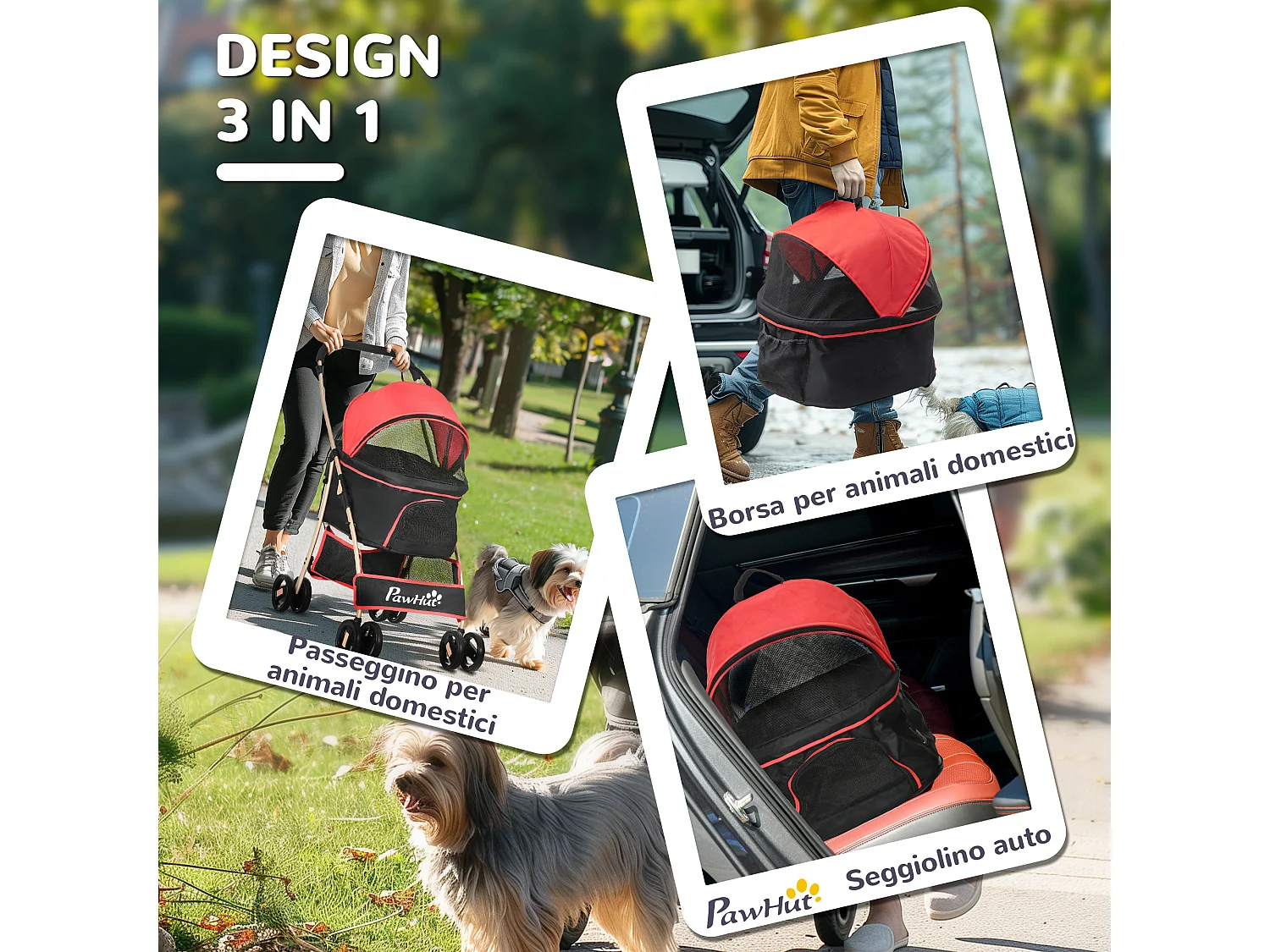 Passeggino per cani pieghevole convertibile in trasportino rosso e nero