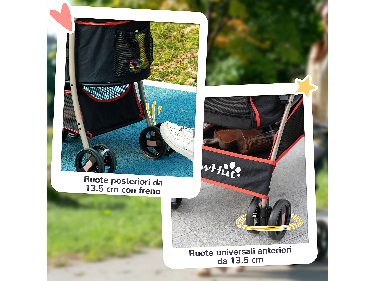 Passeggino per cani pieghevole convertibile in trasportino rosso e nero