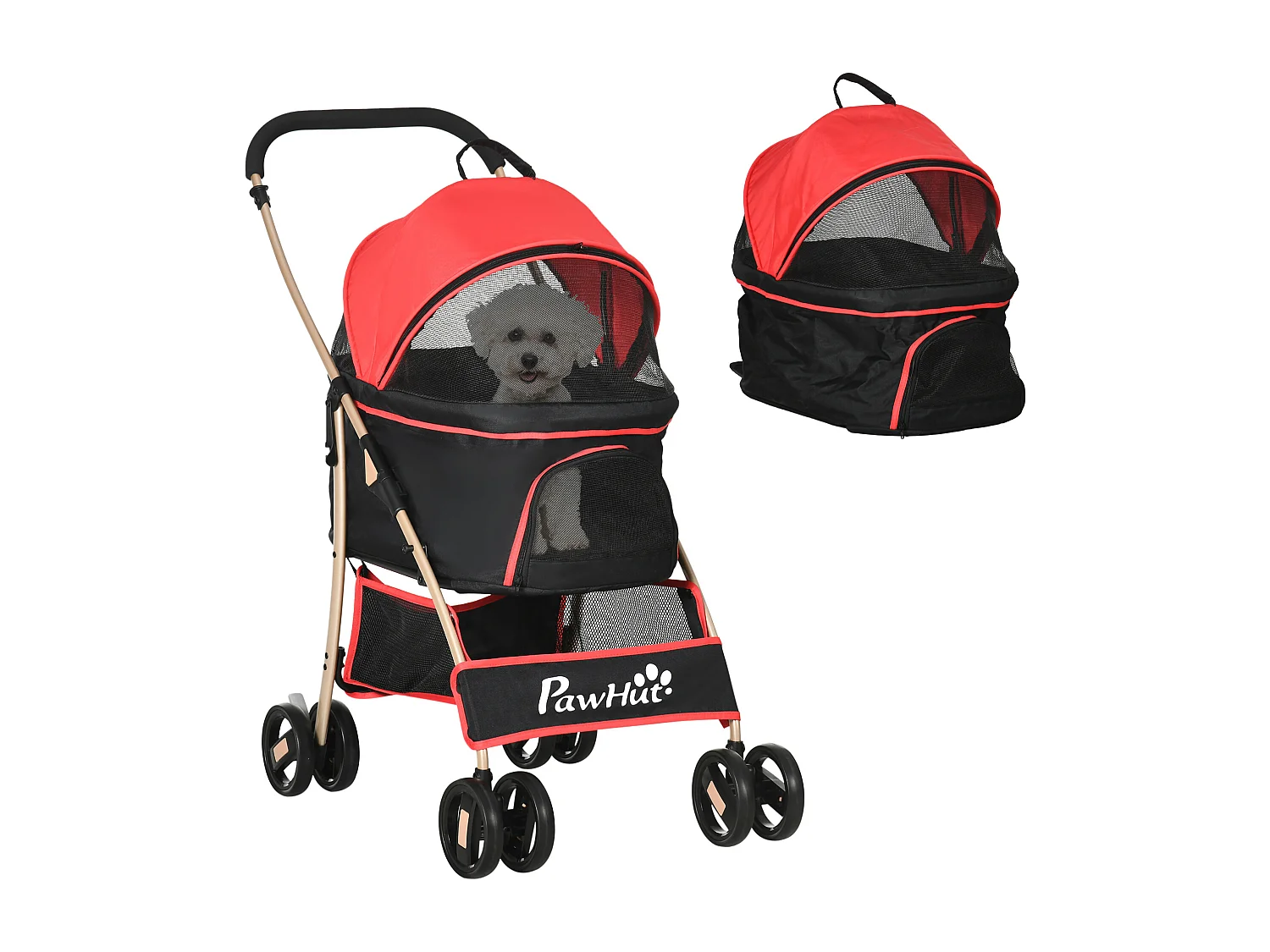 Passeggino per cani pieghevole convertibile in trasportino rosso e nero