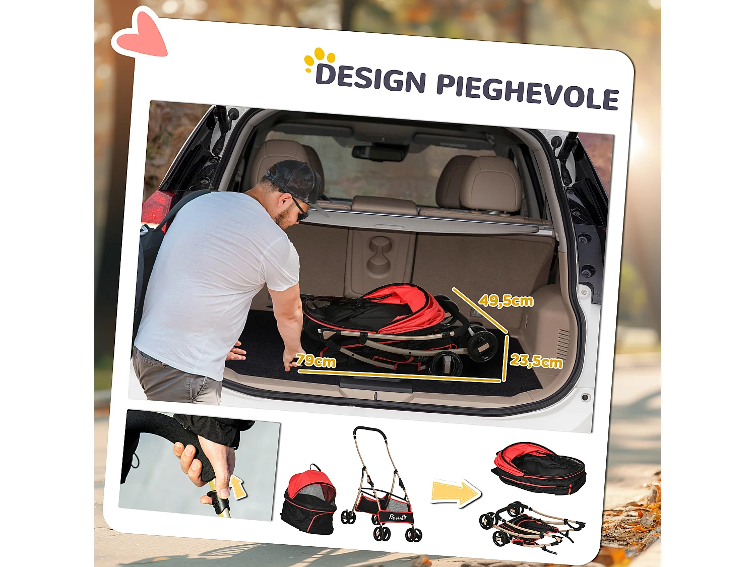 Passeggino per cani pieghevole convertibile in trasportino rosso e nero