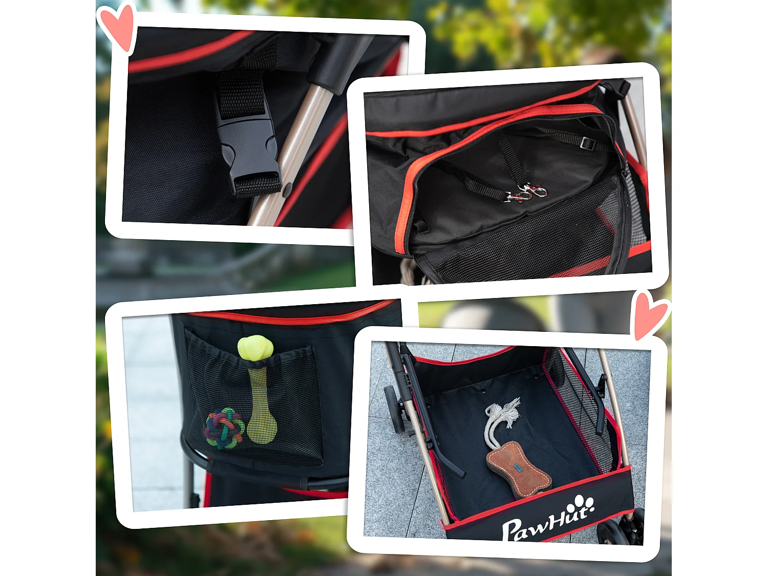 Passeggino per cani pieghevole convertibile in trasportino rosso e nero