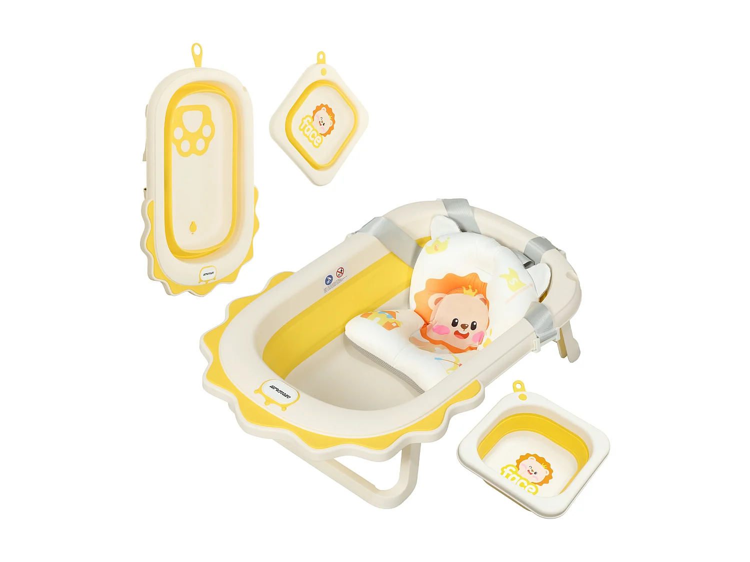 Vaschetta bagnetto pieghevole per neonati con cuscino e lavabo giallo
