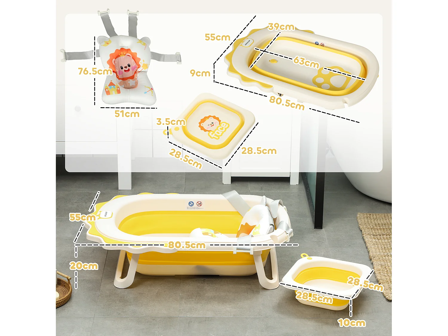 Vaschetta bagnetto pieghevole per neonati con cuscino e lavabo giallo