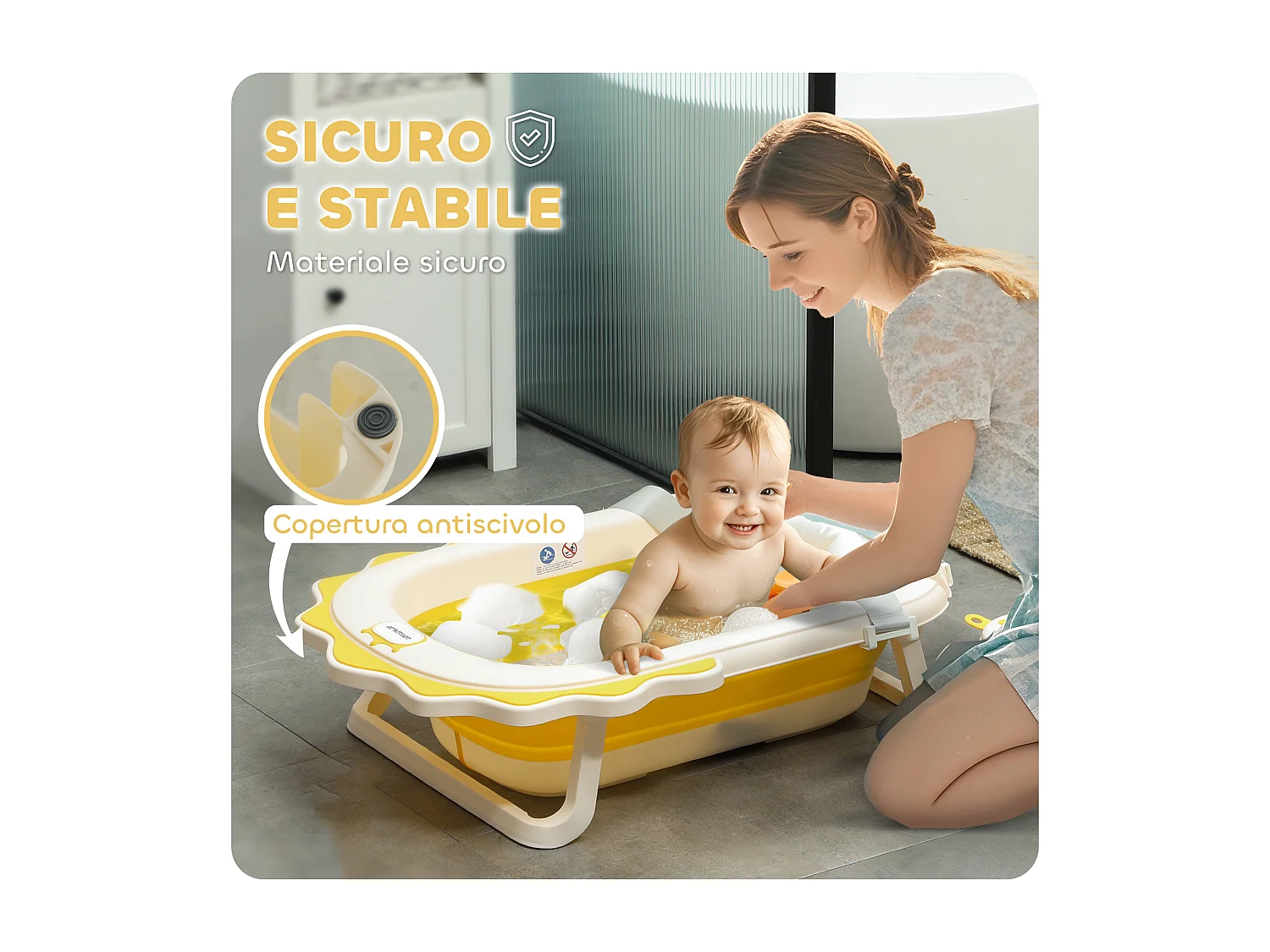 Vaschetta bagnetto pieghevole per neonati con cuscino e lavabo giallo