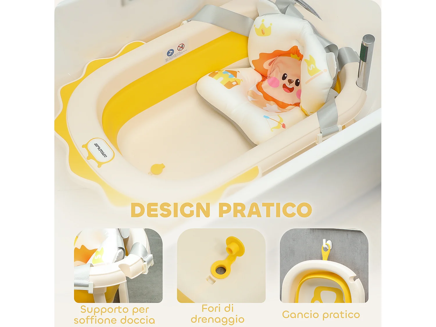 Vaschetta bagnetto pieghevole per neonati con cuscino e lavabo giallo