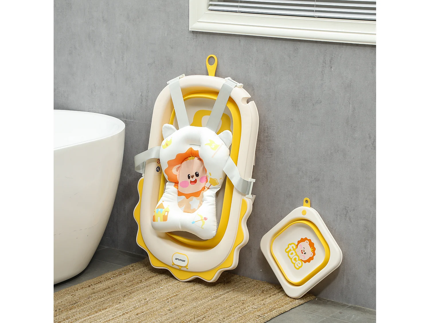 Vaschetta bagnetto pieghevole per neonati con cuscino e lavabo giallo