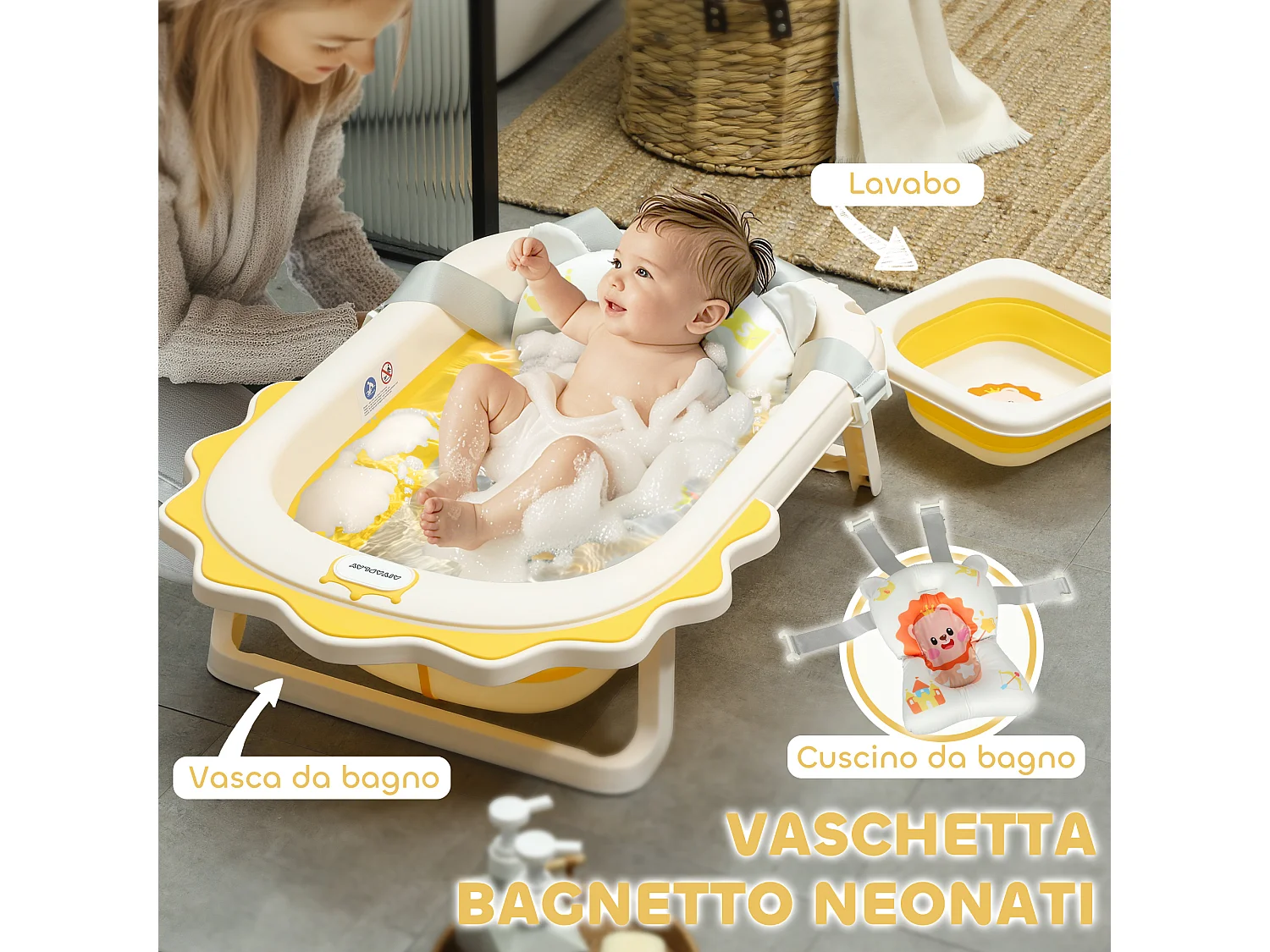 Vaschetta bagnetto pieghevole per neonati con cuscino e lavabo giallo