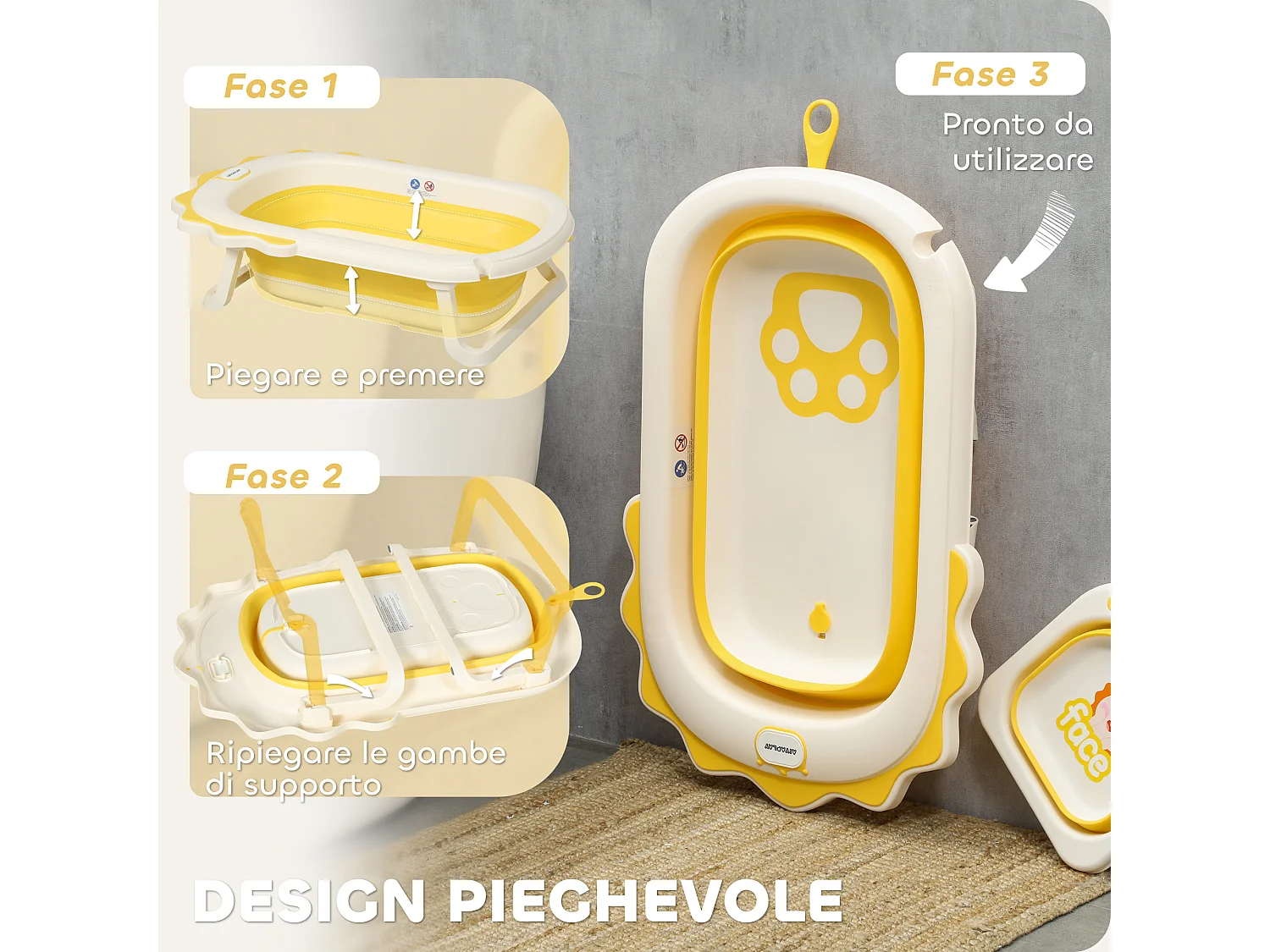 Vaschetta bagnetto pieghevole per neonati con cuscino e lavabo giallo