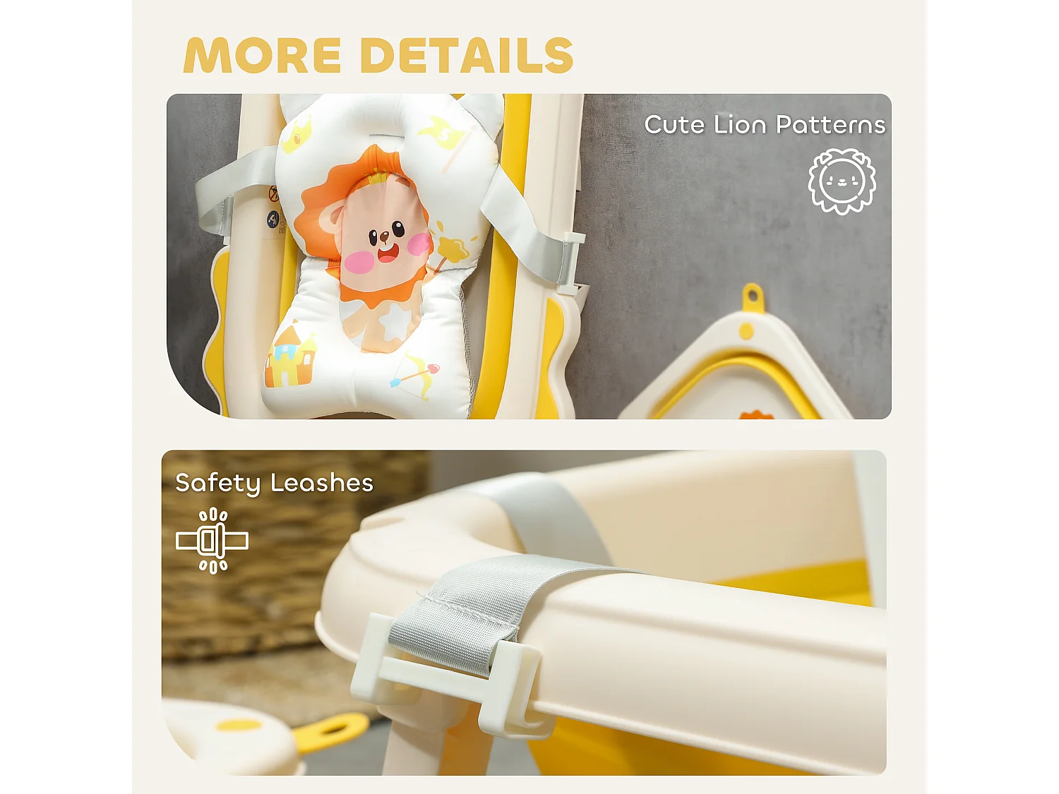 Vaschetta bagnetto pieghevole per neonati con cuscino e lavabo giallo