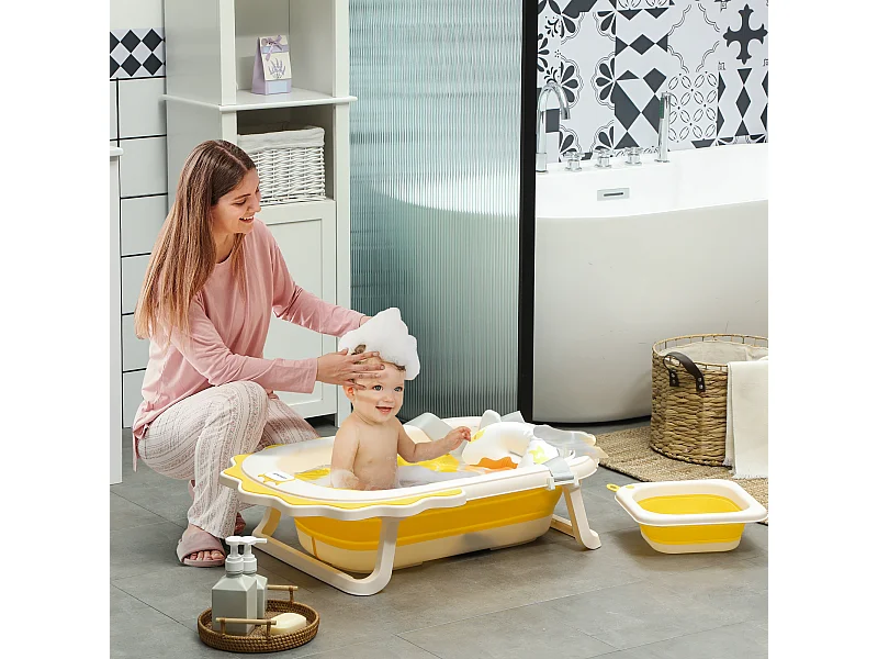 Vaschetta bagnetto pieghevole per neonati con cuscino e lavabo giallo