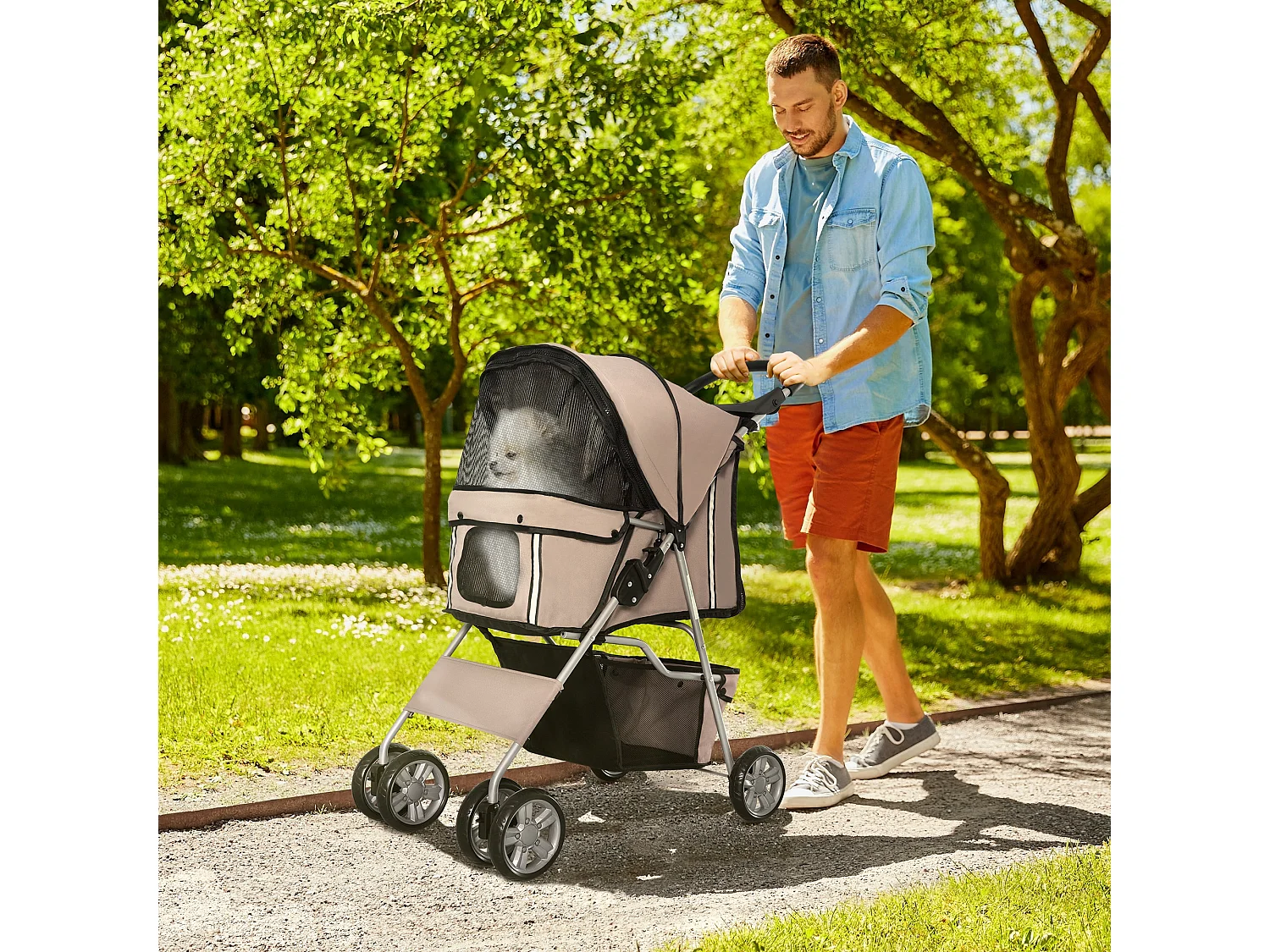 Passeggino per cani pieghevole cestino copertura tessuto oxford marrone