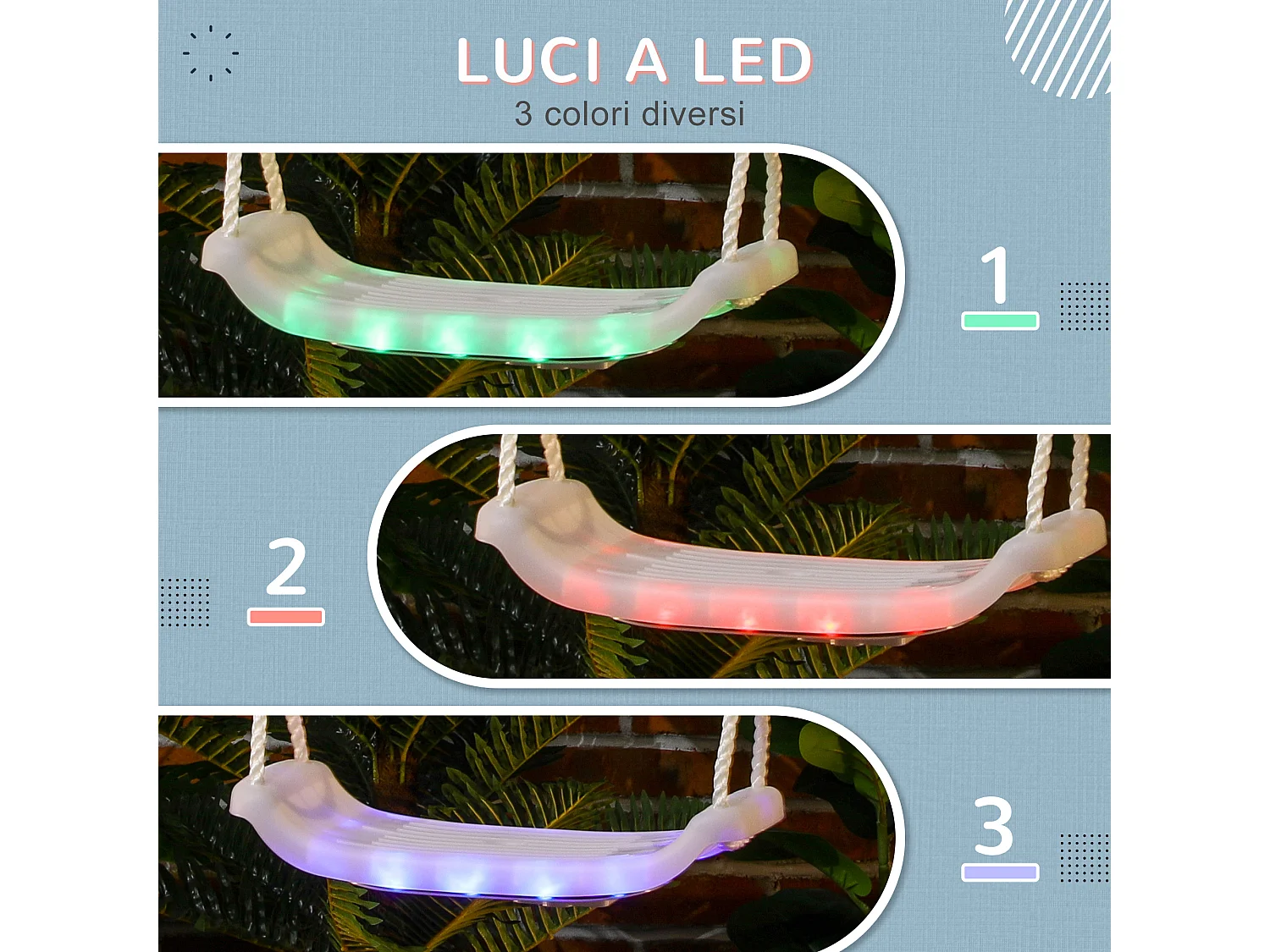 Altalena per bambini bianca con luci led e corda regolabile