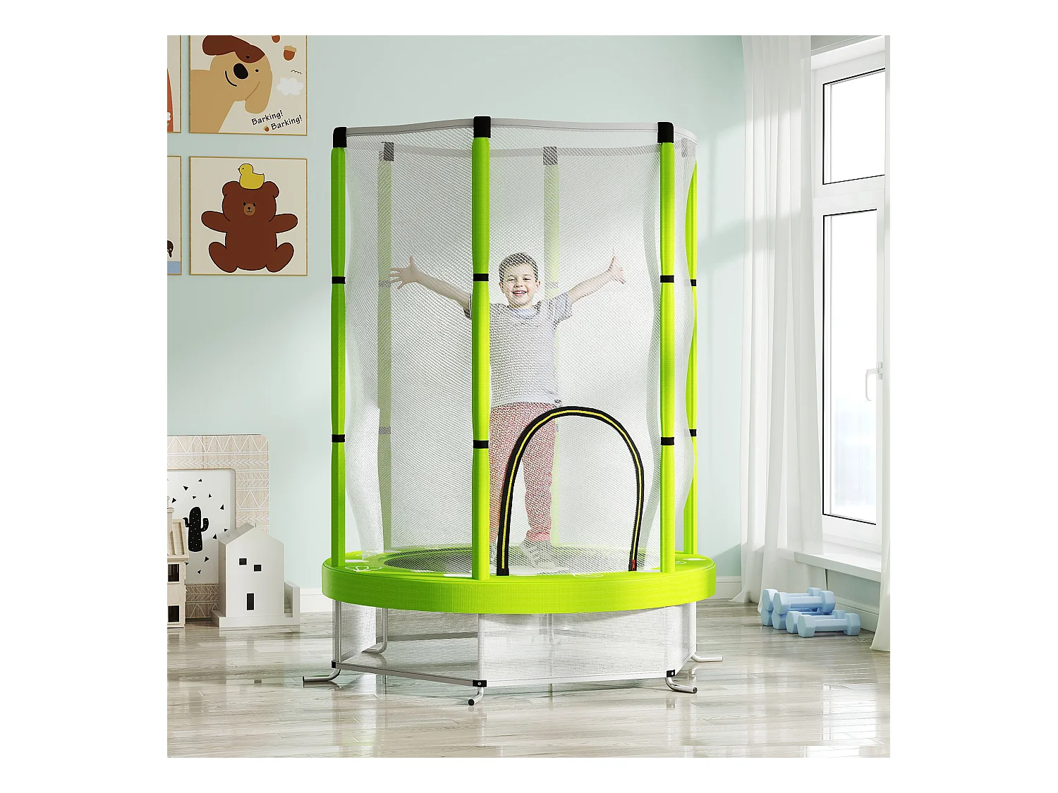 Tappeto elastico per bambini con rete di sicurezza età 3-6 anni verde