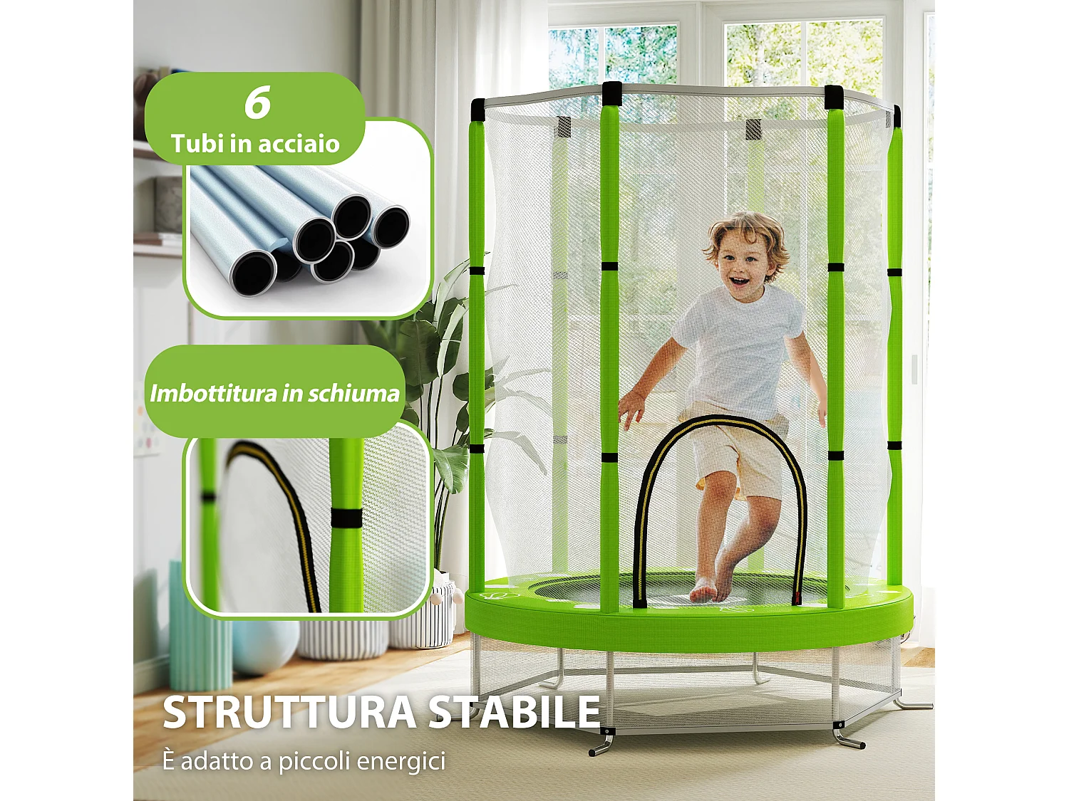 Tappeto elastico per bambini con rete di sicurezza età 3-6 anni verde