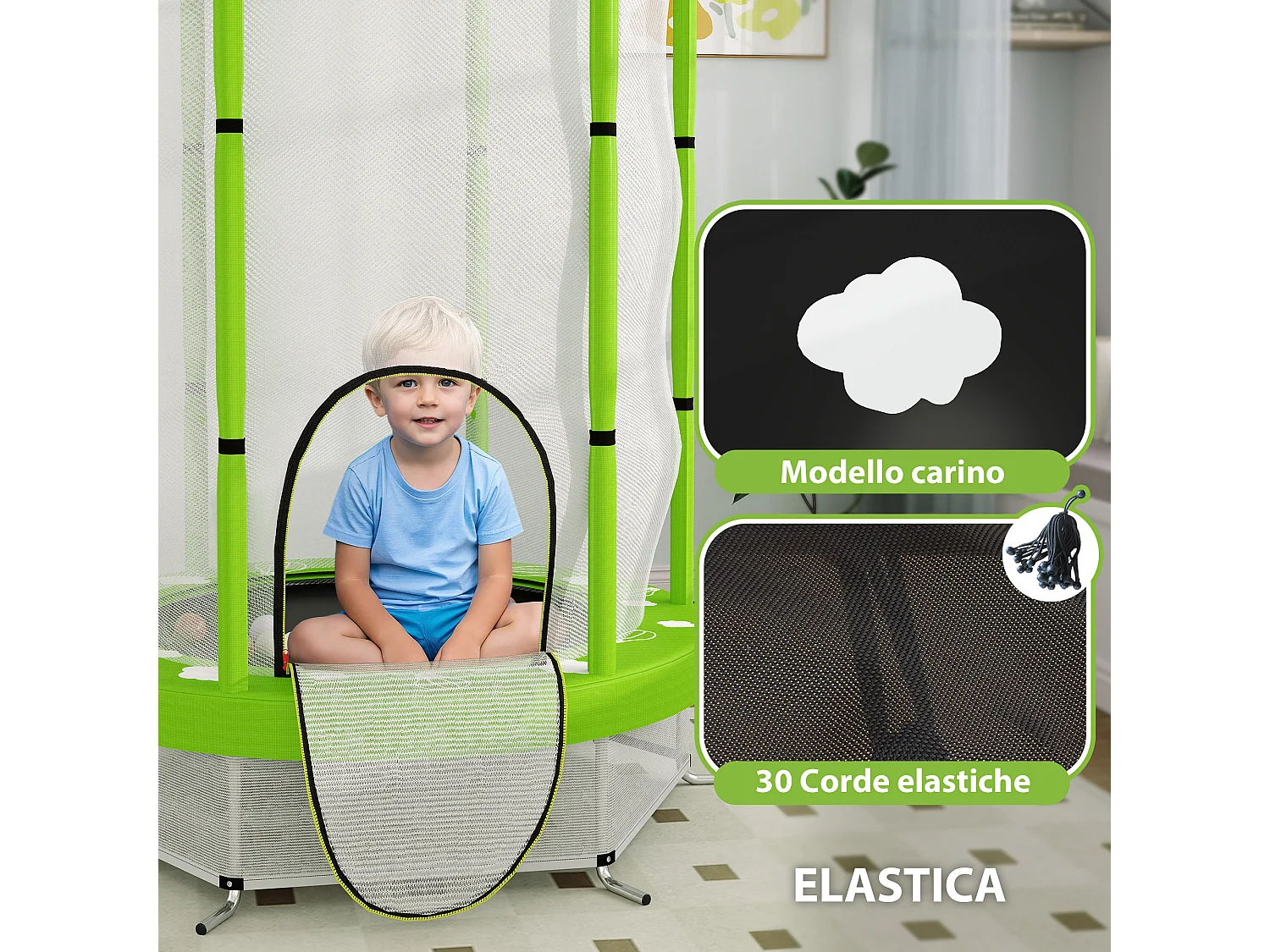 Tappeto elastico per bambini con rete di sicurezza età 3-6 anni verde