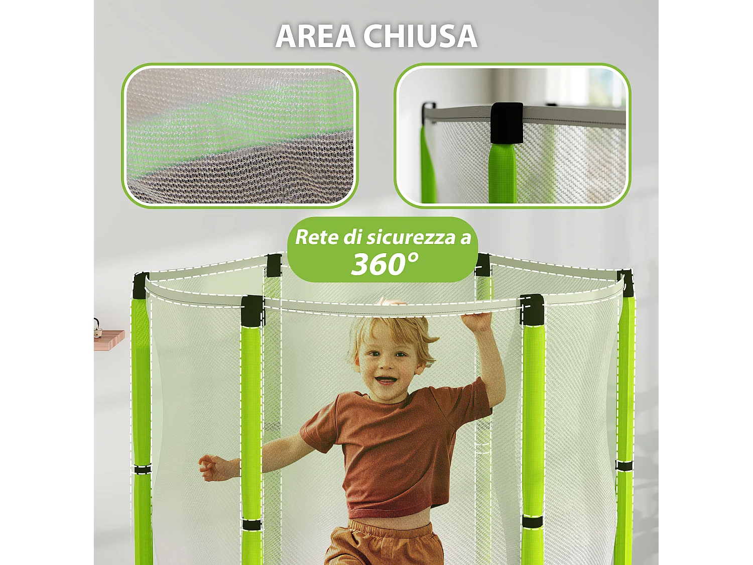 Tappeto elastico per bambini con rete di sicurezza età 3-6 anni verde