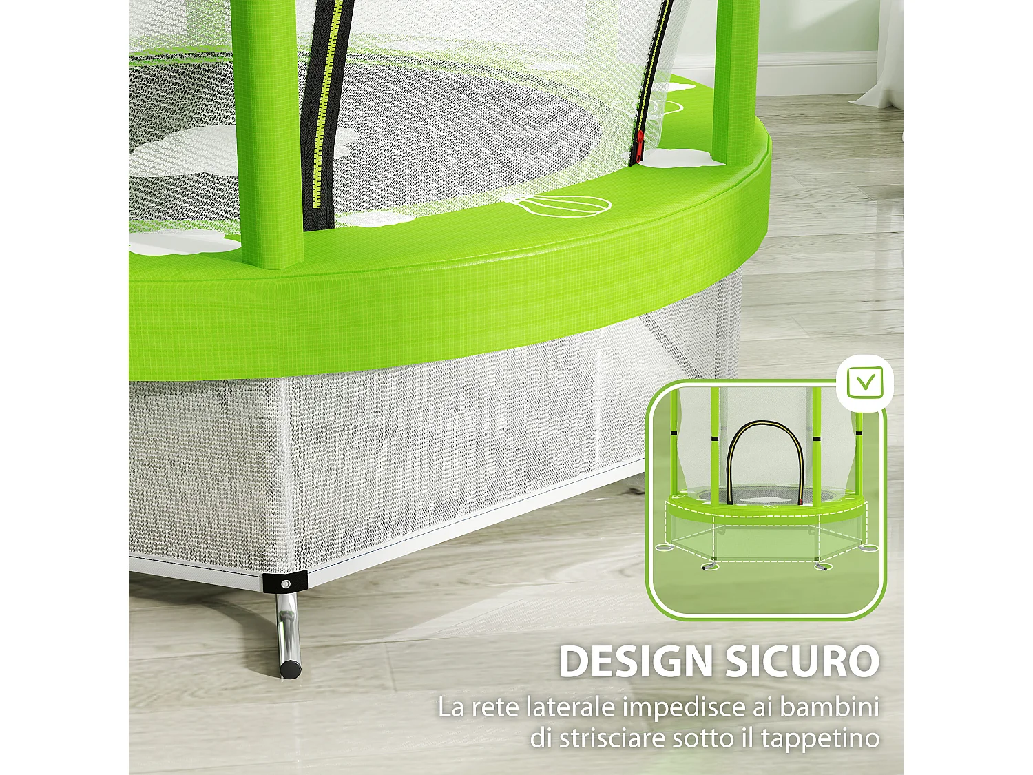 Tappeto elastico per bambini con rete di sicurezza età 3-6 anni verde