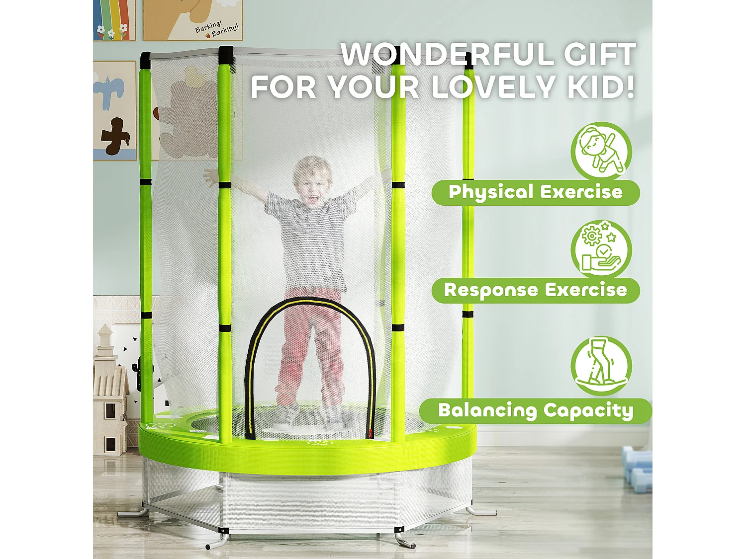 Tappeto elastico per bambini con rete di sicurezza età 3-6 anni verde