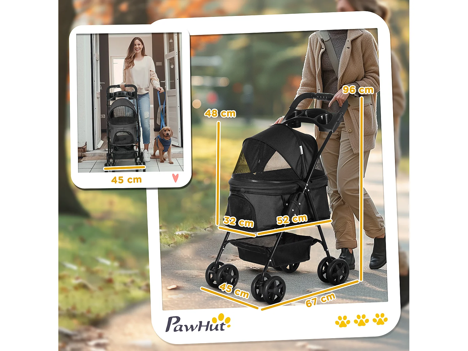 Passeggino per cani pieghevole ruote girevoli cestino portaoggetti nero