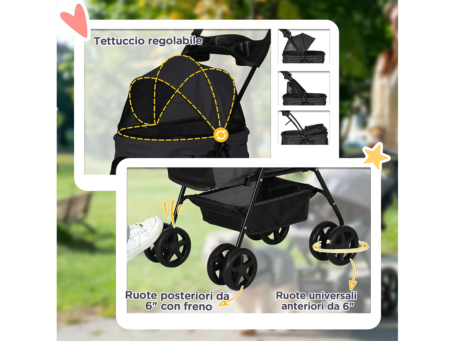 Passeggino per cani pieghevole ruote girevoli cestino portaoggetti nero