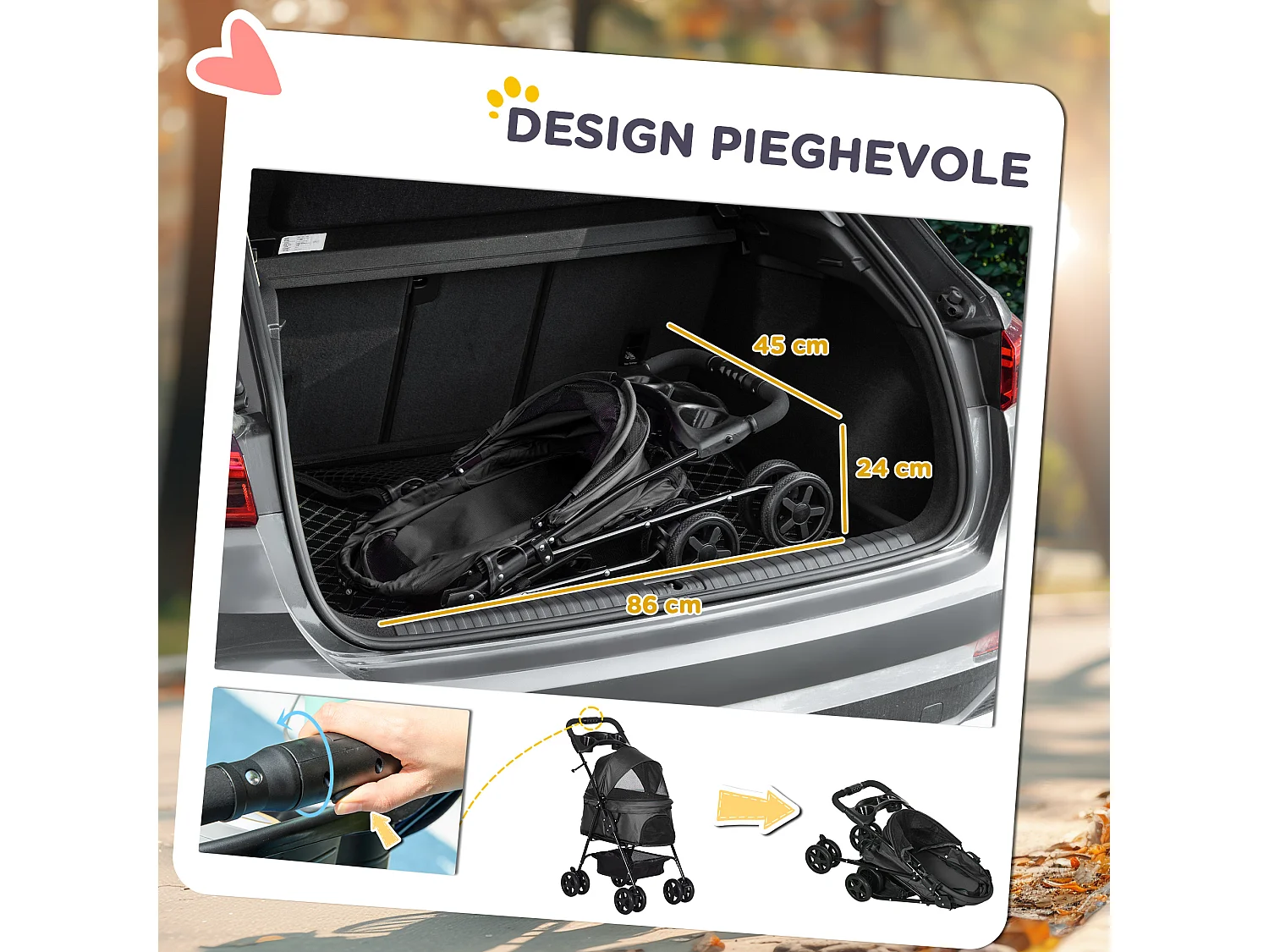 Passeggino per cani pieghevole ruote girevoli cestino portaoggetti nero