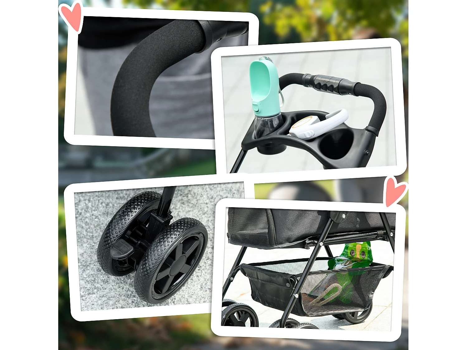 Passeggino per cani pieghevole ruote girevoli cestino portaoggetti nero