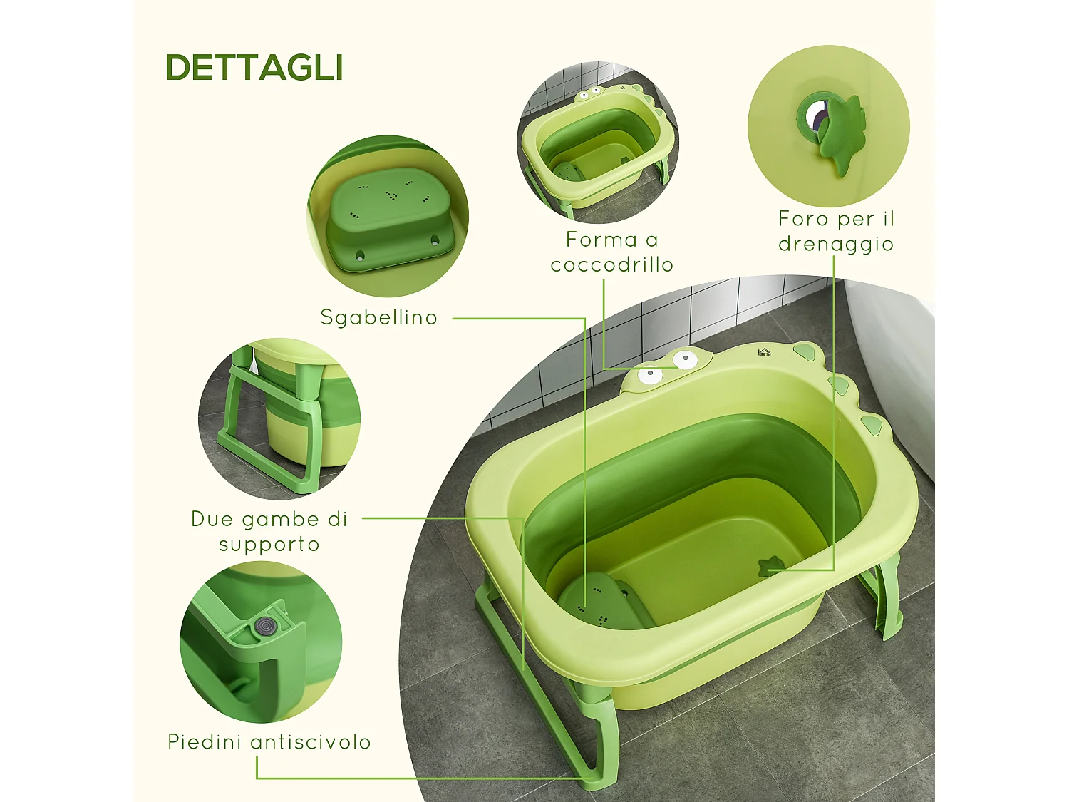 Vaschetta bagnetto pieghevole per bambini 0-6 anni verde