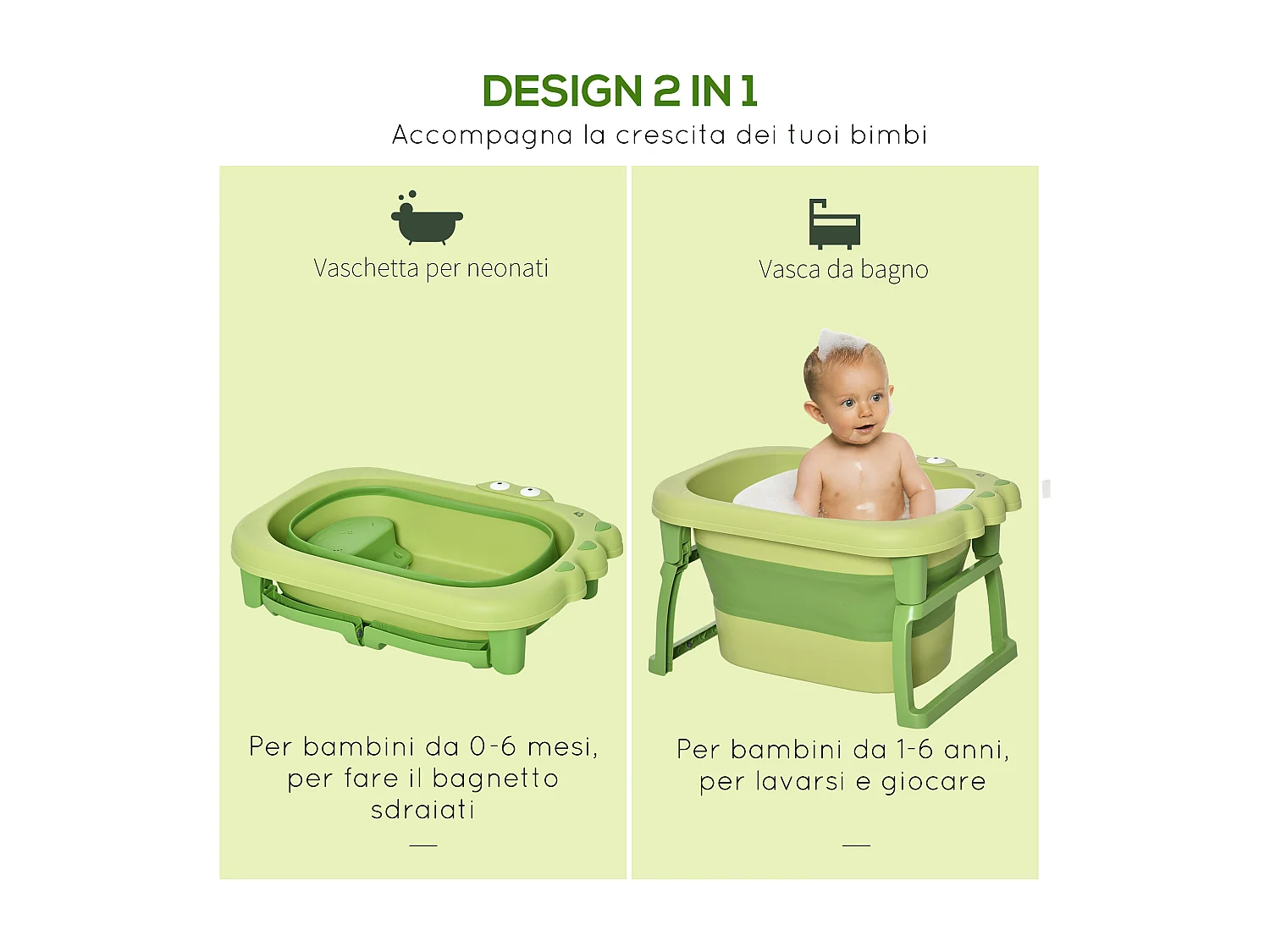 Vaschetta bagnetto pieghevole per bambini 0-6 anni verde