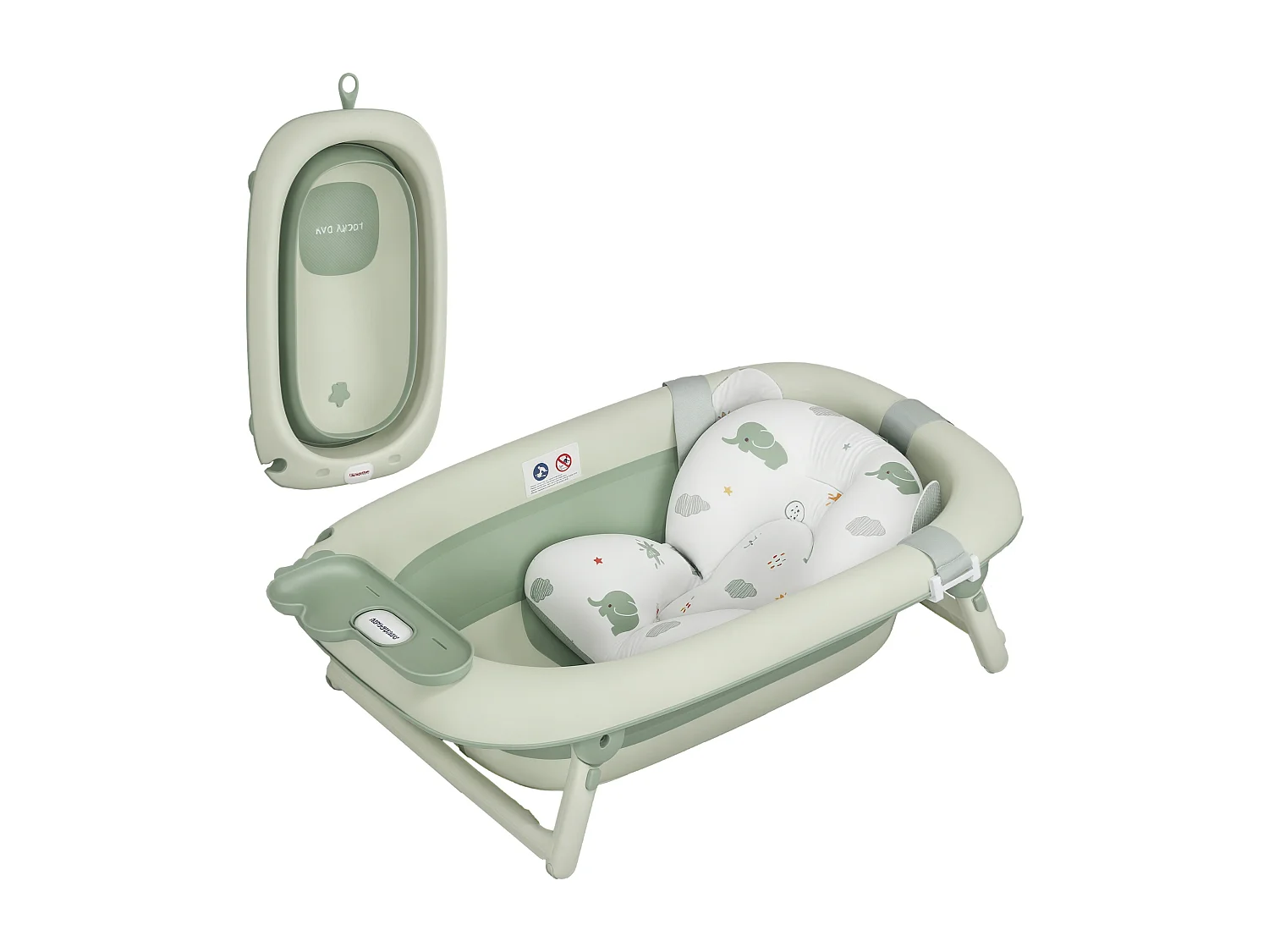 Vaschetta bagnetto pieghevole per neonati con cuscino e ripiani verde