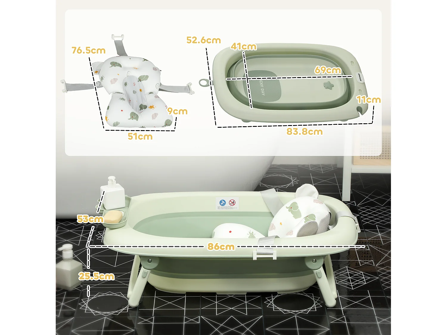 Vaschetta bagnetto pieghevole per neonati con cuscino e ripiani verde