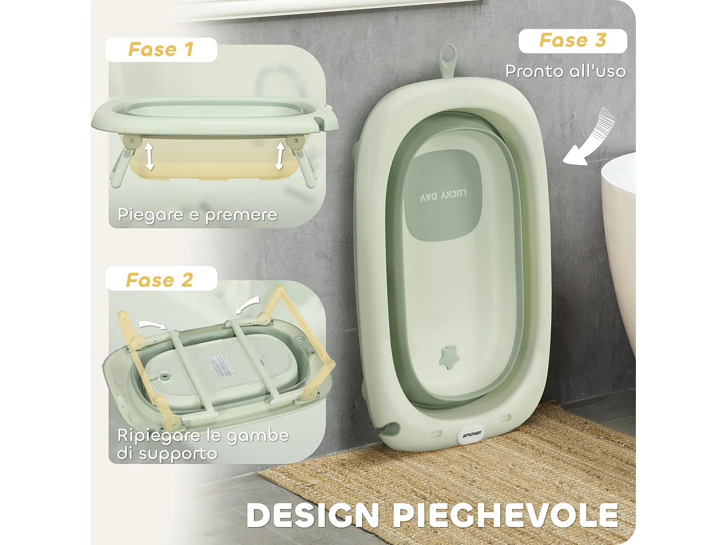 Vaschetta bagnetto pieghevole per neonati con cuscino e ripiani verde