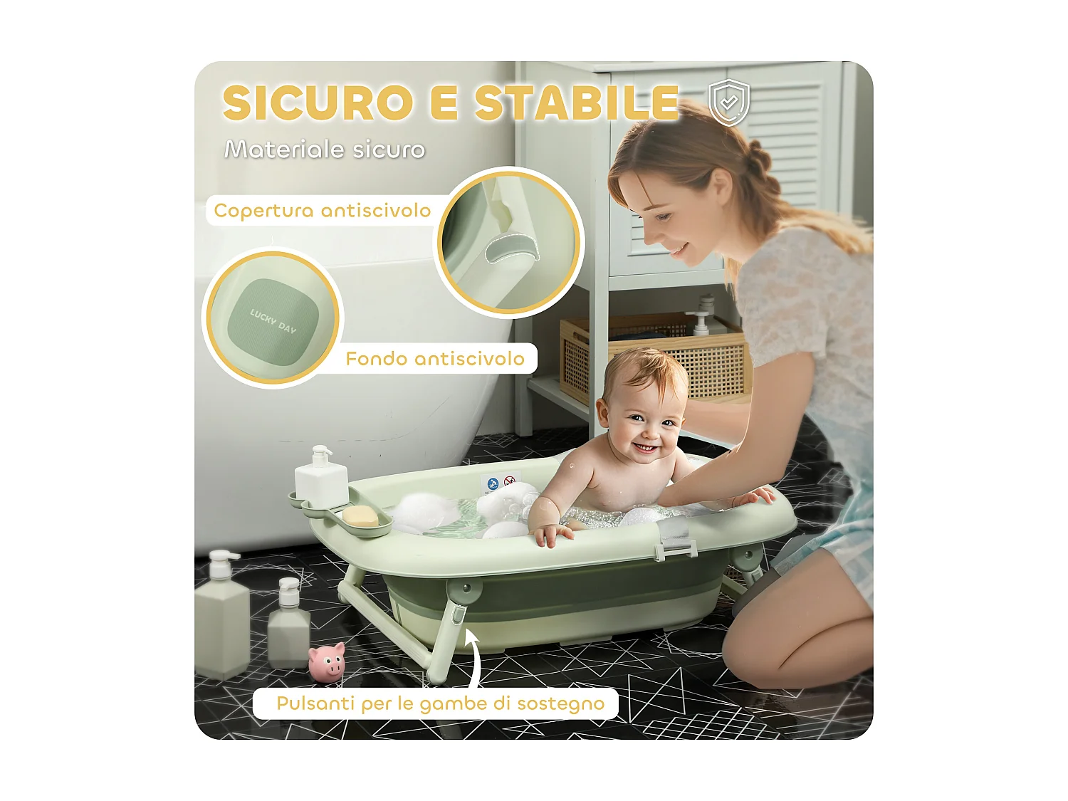 Vaschetta bagnetto pieghevole per neonati con cuscino e ripiani verde