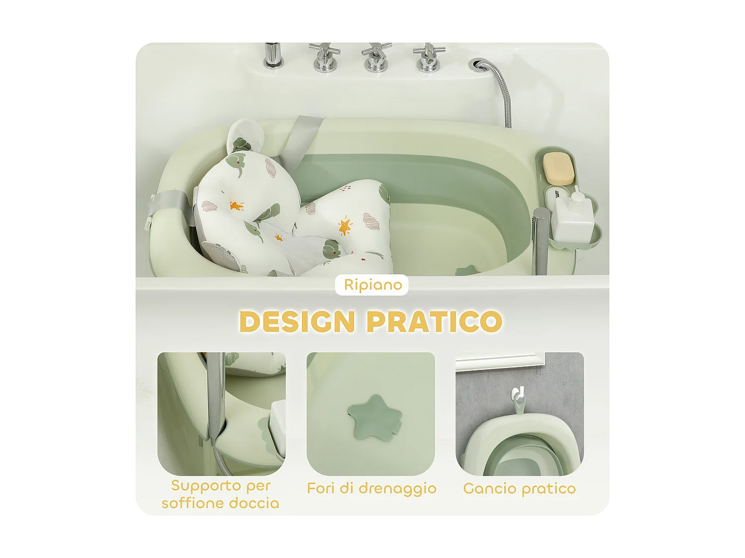 Vaschetta bagnetto pieghevole per neonati con cuscino e ripiani verde