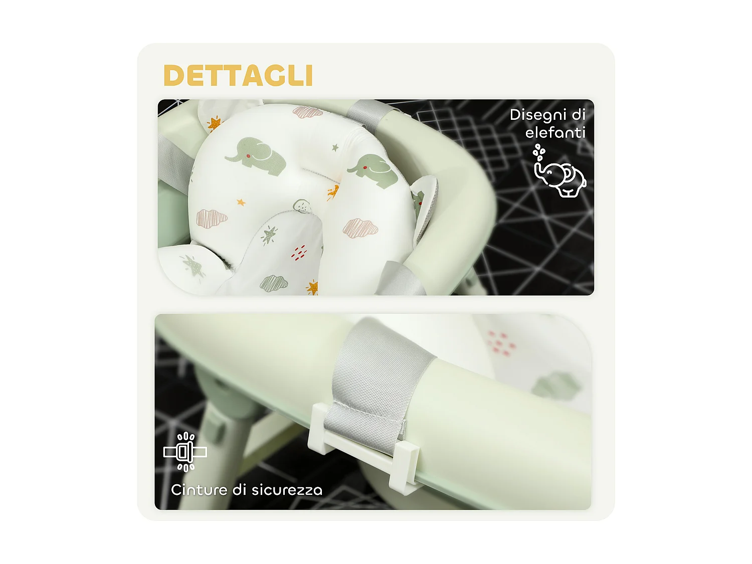 Vaschetta bagnetto pieghevole per neonati con cuscino e ripiani verde