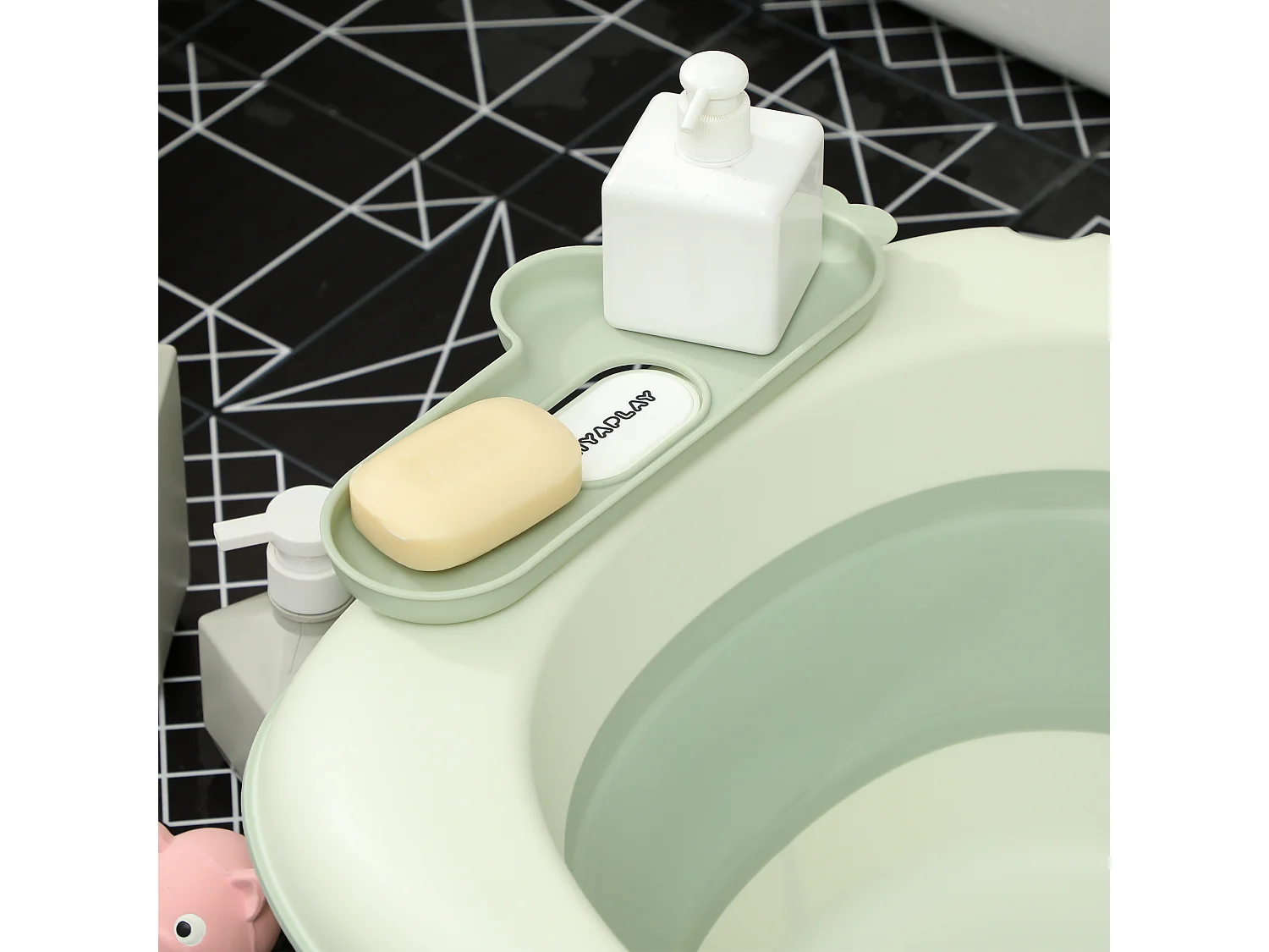 Vaschetta bagnetto pieghevole per neonati con cuscino e ripiani verde