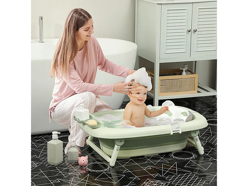 Vaschetta bagnetto pieghevole per neonati con cuscino e ripiani verde