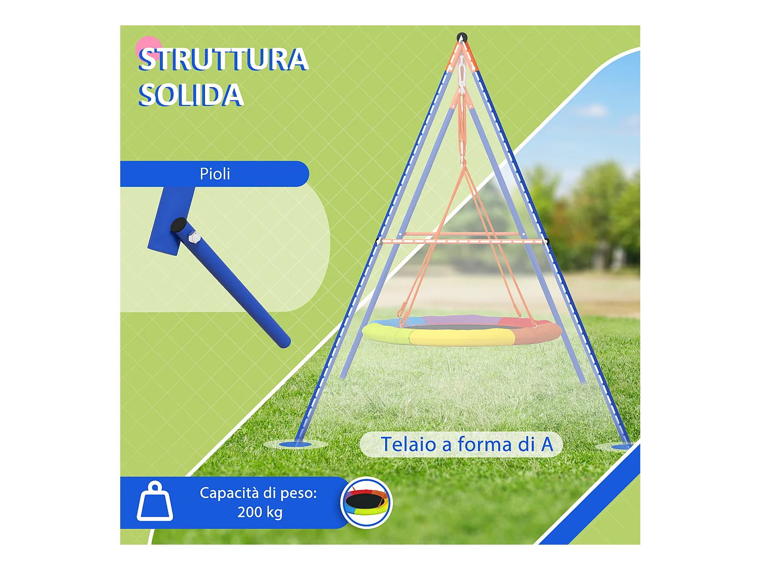 Altalena da giardino rotonda per 1-2 bambini in metallo multicolore