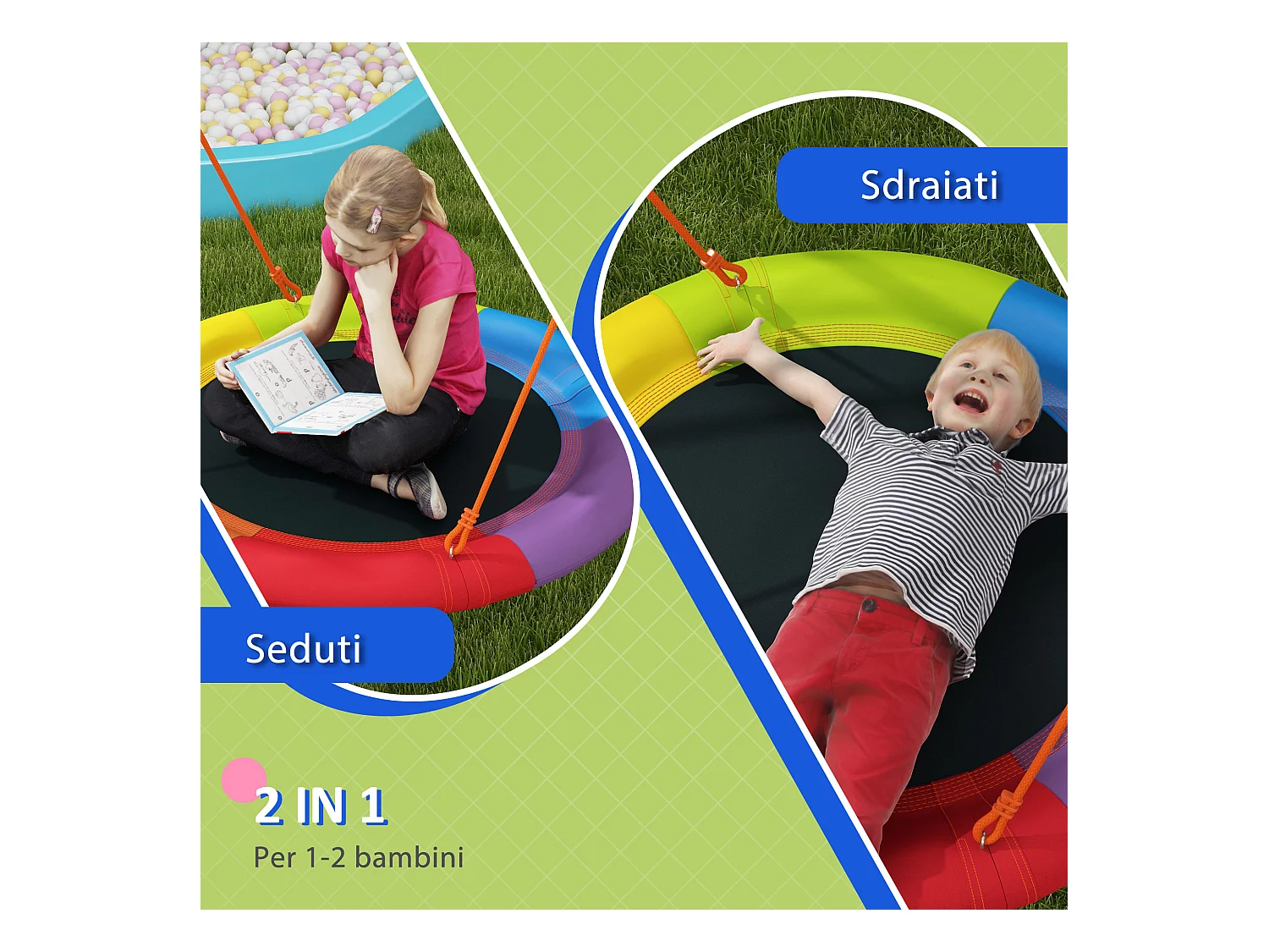 Altalena da giardino rotonda per 1-2 bambini in metallo multicolore