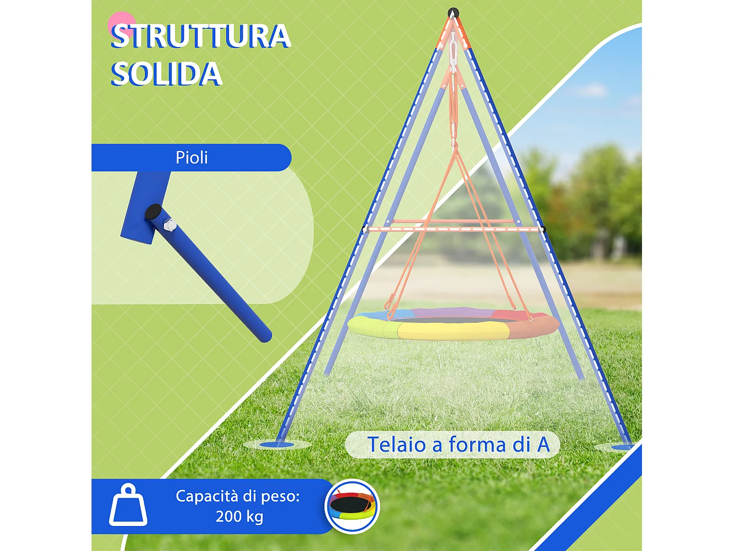 Altalena da giardino rotonda per 1-2 bambini in metallo multicolore