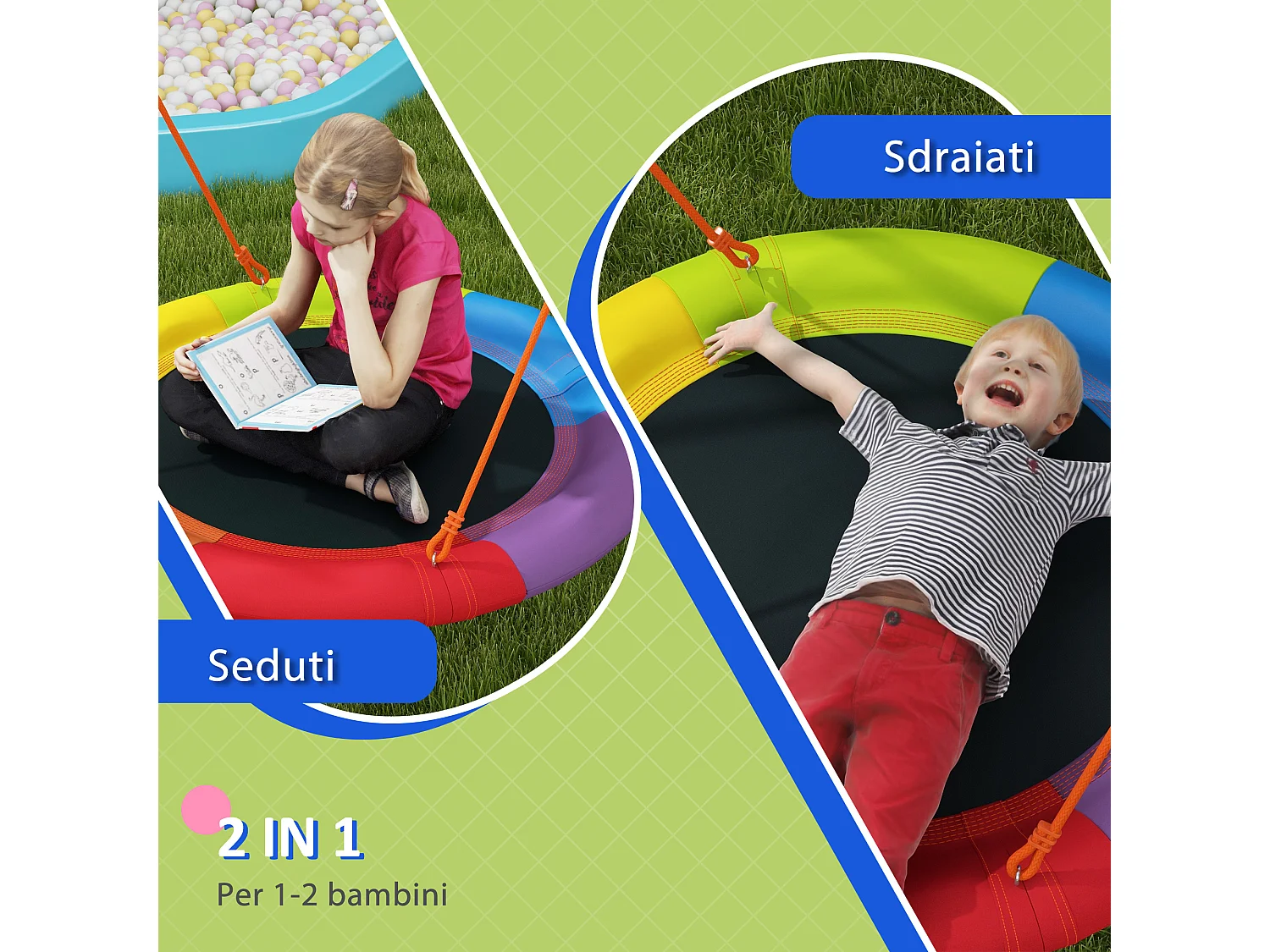 Altalena da giardino rotonda per 1-2 bambini in metallo multicolore