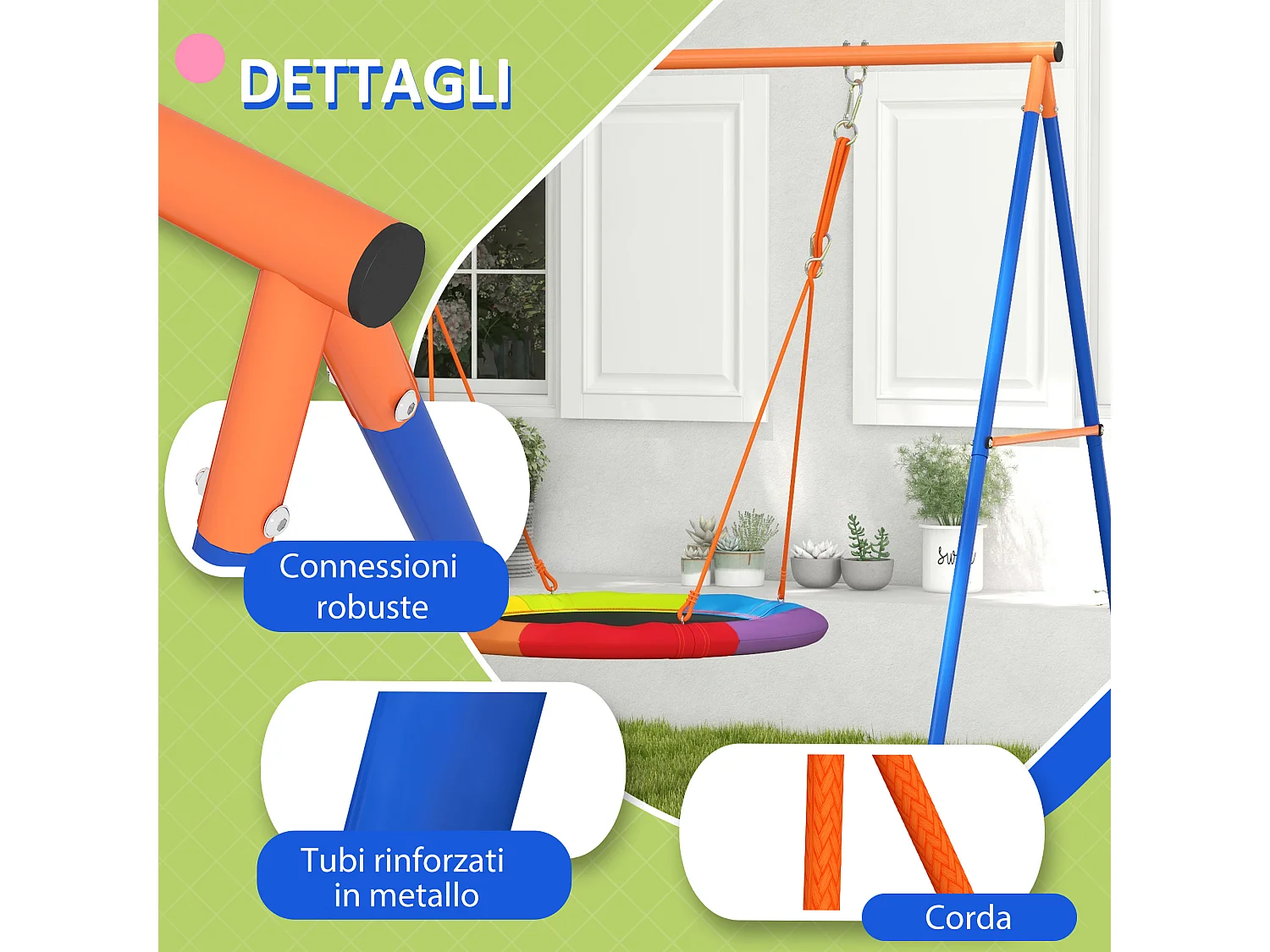 Altalena da giardino rotonda per 1-2 bambini in metallo multicolore