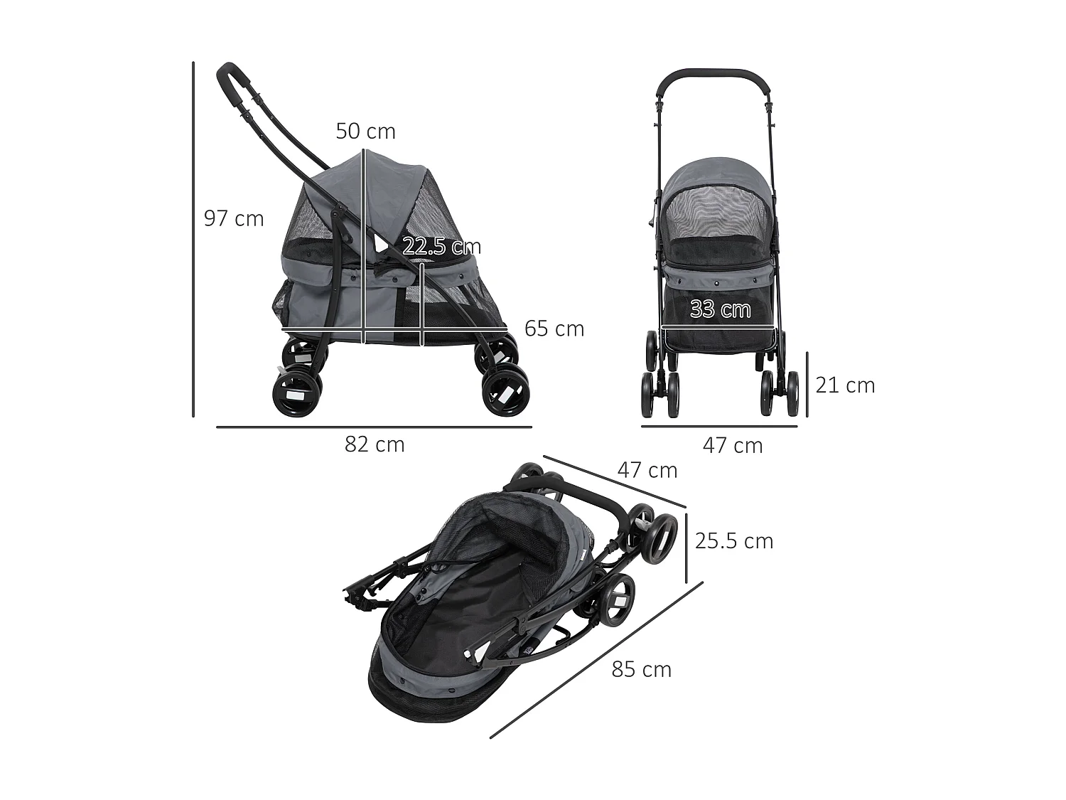 Passeggino per cani pieghevole con tettuccio regolabile grigio e nero