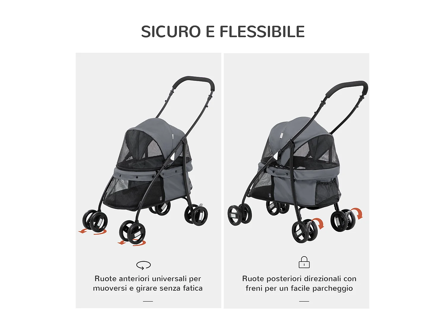 Passeggino per cani pieghevole con tettuccio regolabile grigio e nero