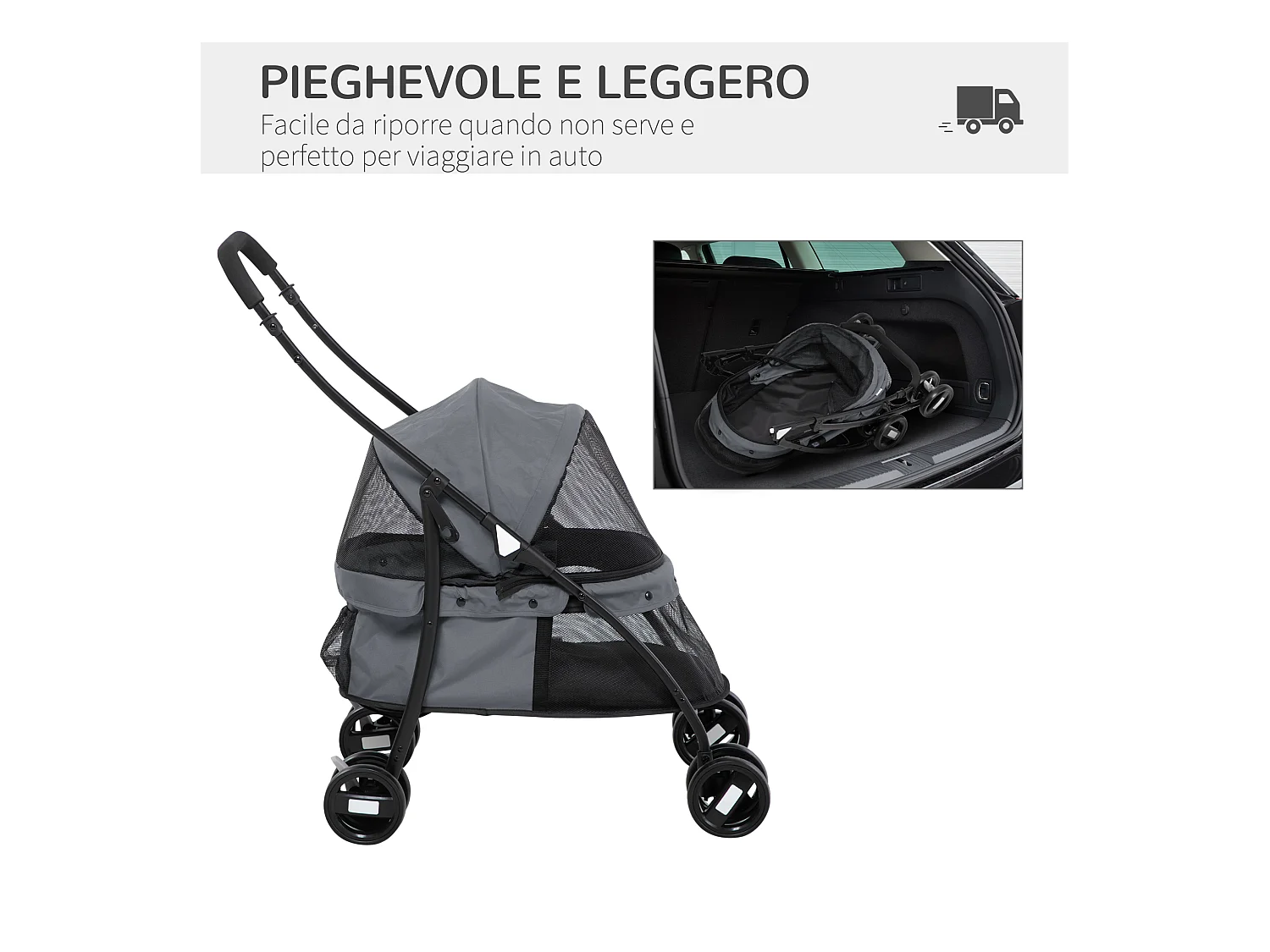 Passeggino per cani pieghevole con tettuccio regolabile grigio e nero