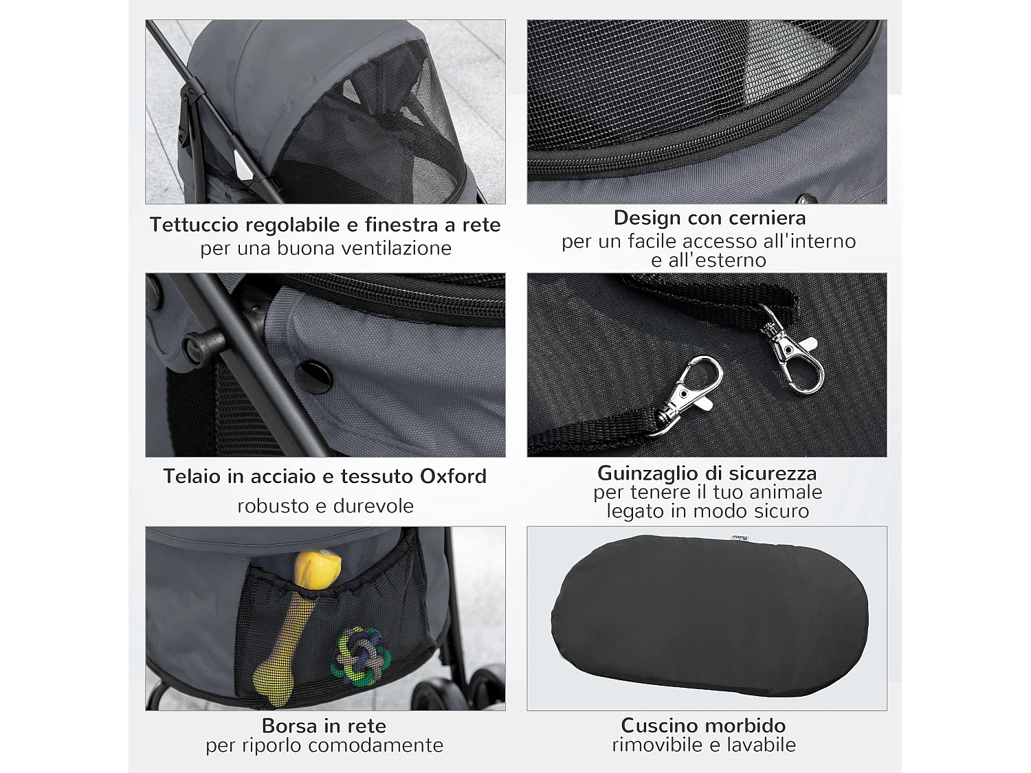 Passeggino per cani pieghevole con tettuccio regolabile grigio e nero