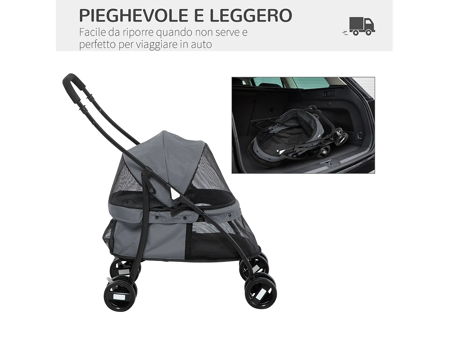 Passeggino per cani pieghevole con tettuccio regolabile grigio e nero